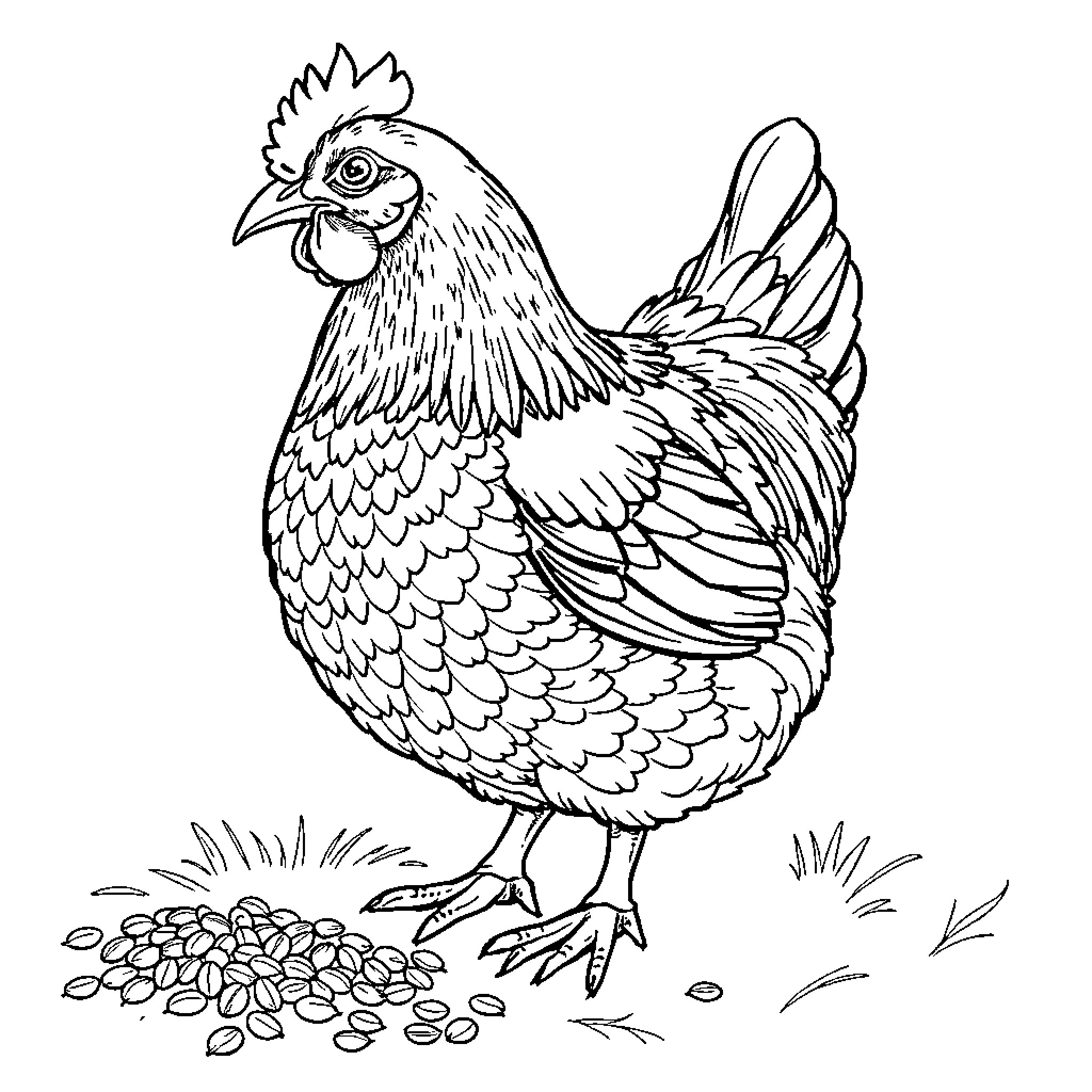Chicken standing among seeds on the ground Coloring Page (free black-and-white line drawing printable PDF for all, from beginners to advanced learners, including children, teens, adults, and seniors)