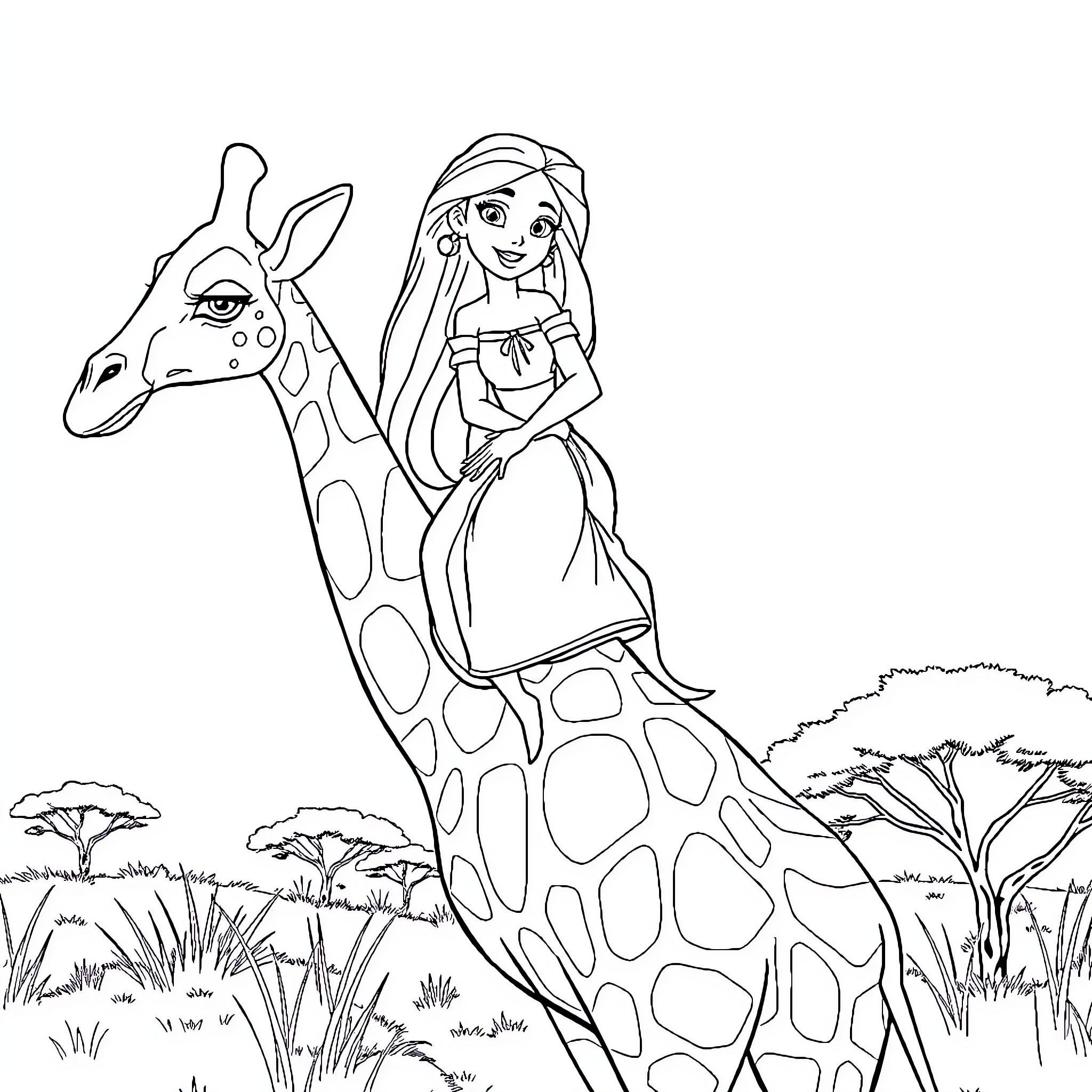 Giraffe and girl exploring the savanna together Coloring Page (free black-and-white line drawing printable PDF for all, from beginners to advanced learners, including children, teens, adults, and seniors)