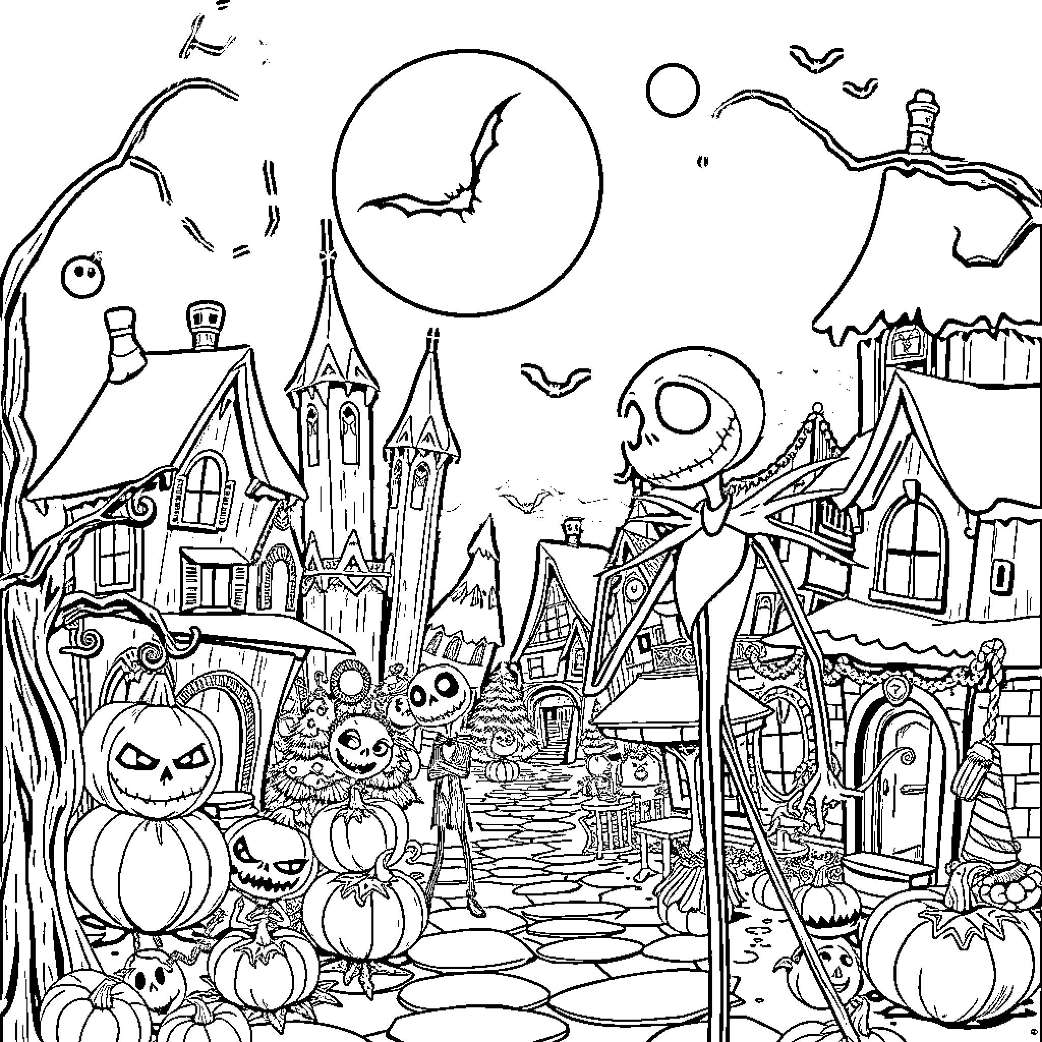 Nightmare Before Christmas: Haunted Town Celebration Coloring Page (free black-and-white line drawing printable PDF for all, from beginners to advanced learners, including children, teens, adults, and seniors)