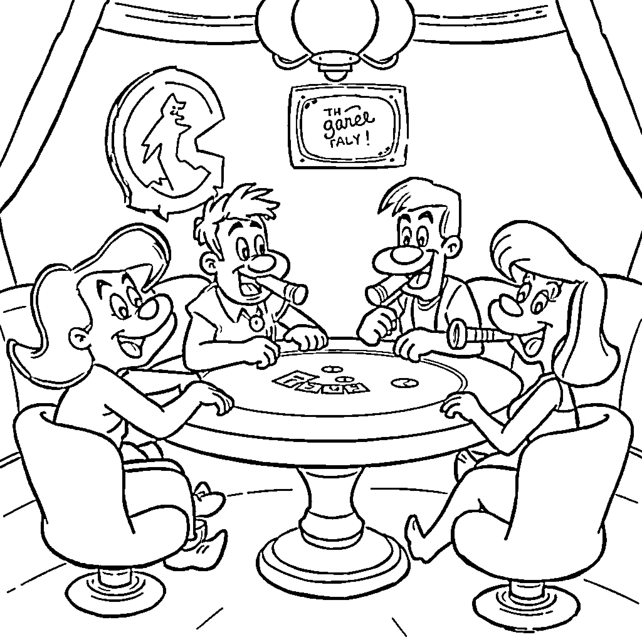 Hanna-Barbera Characters Playing Card Game Together Coloring Page (free black-and-white line drawing printable PDF for all, from beginners to advanced learners, including children, teens, adults, and seniors)