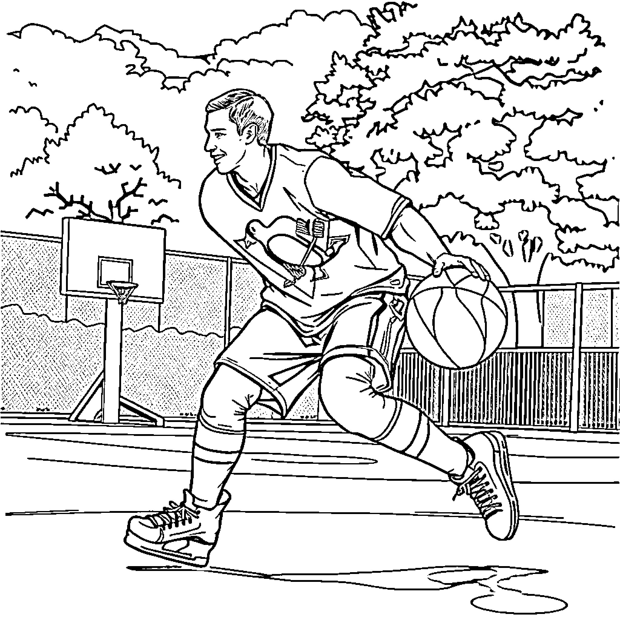 Sidney Crosby playing basketball on outdoor court Coloring Page (free black-and-white line drawing printable PDF for all, from beginners to advanced learners, including children, teens, adults, and seniors)