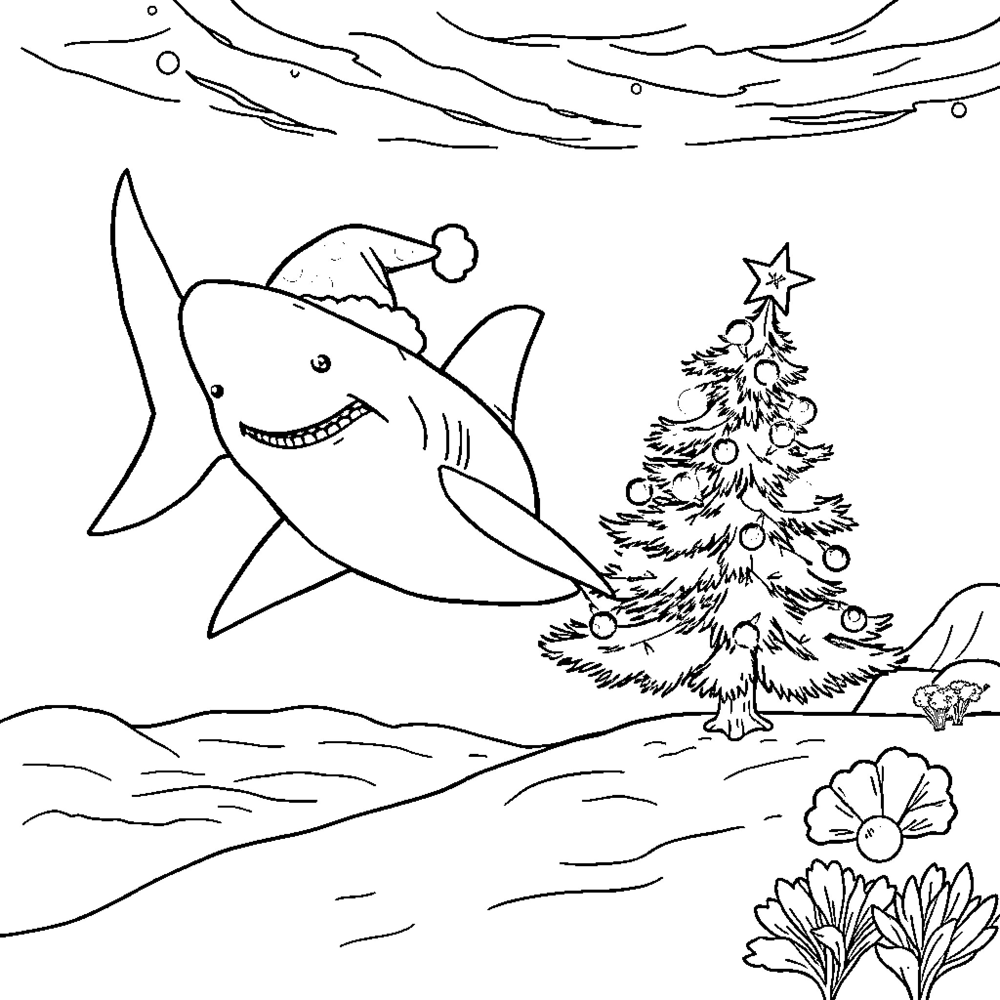 Santa Shark swimming by Christmas tree underwater Coloring Page (free black-and-white line drawing printable PDF for all, from beginners to advanced learners, including children, teens, adults, and seniors)
