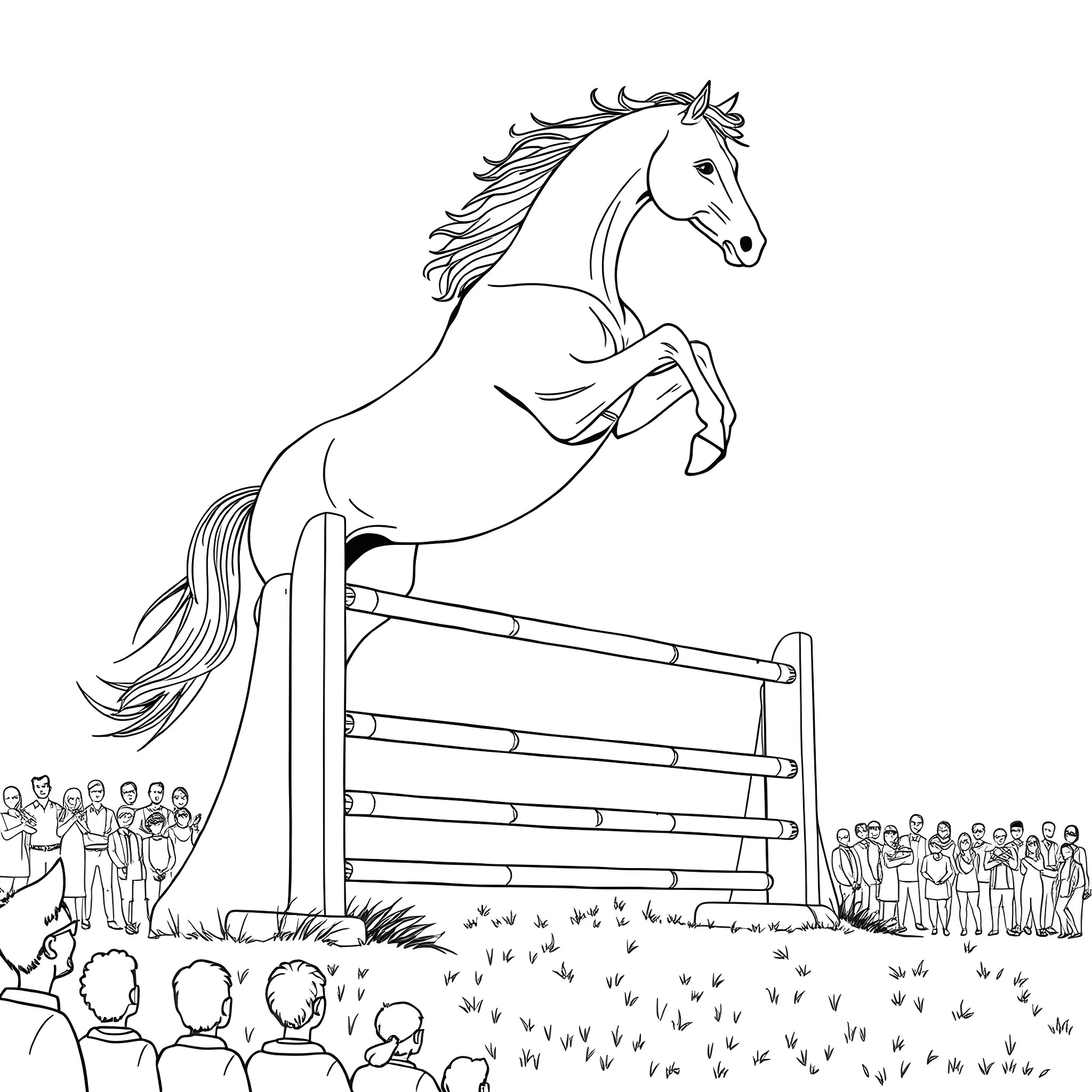 Horse jumping over fence in front of crowd Coloring Page (free black-and-white line drawing printable PDF for all, from beginners to advanced learners, including children, teens, adults, and seniors)