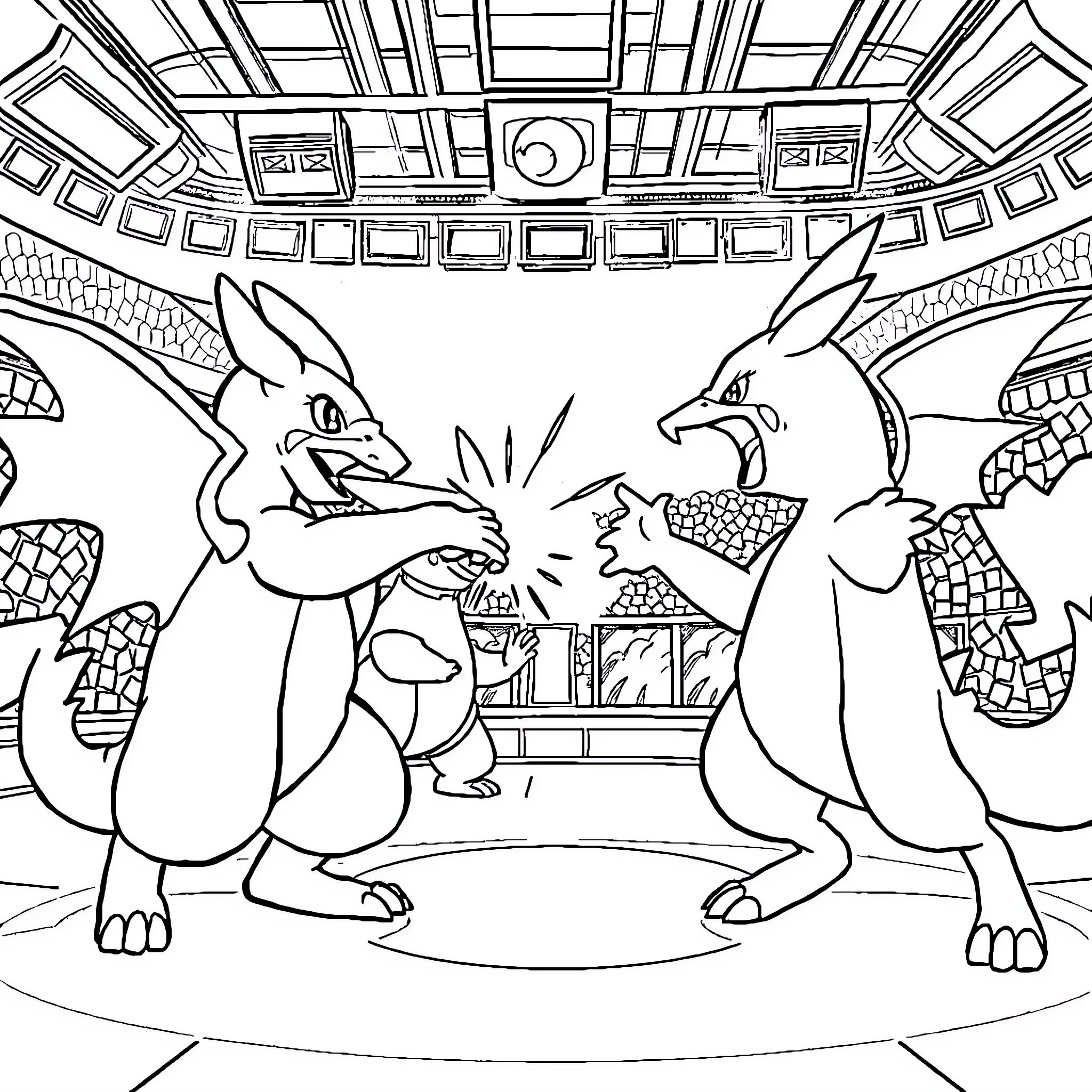 Fighting Pokemon in an Intense Showdown Coloring Page (free black-and-white line drawing printable PDF for all, from beginners to advanced learners, including children, teens, adults, and seniors)