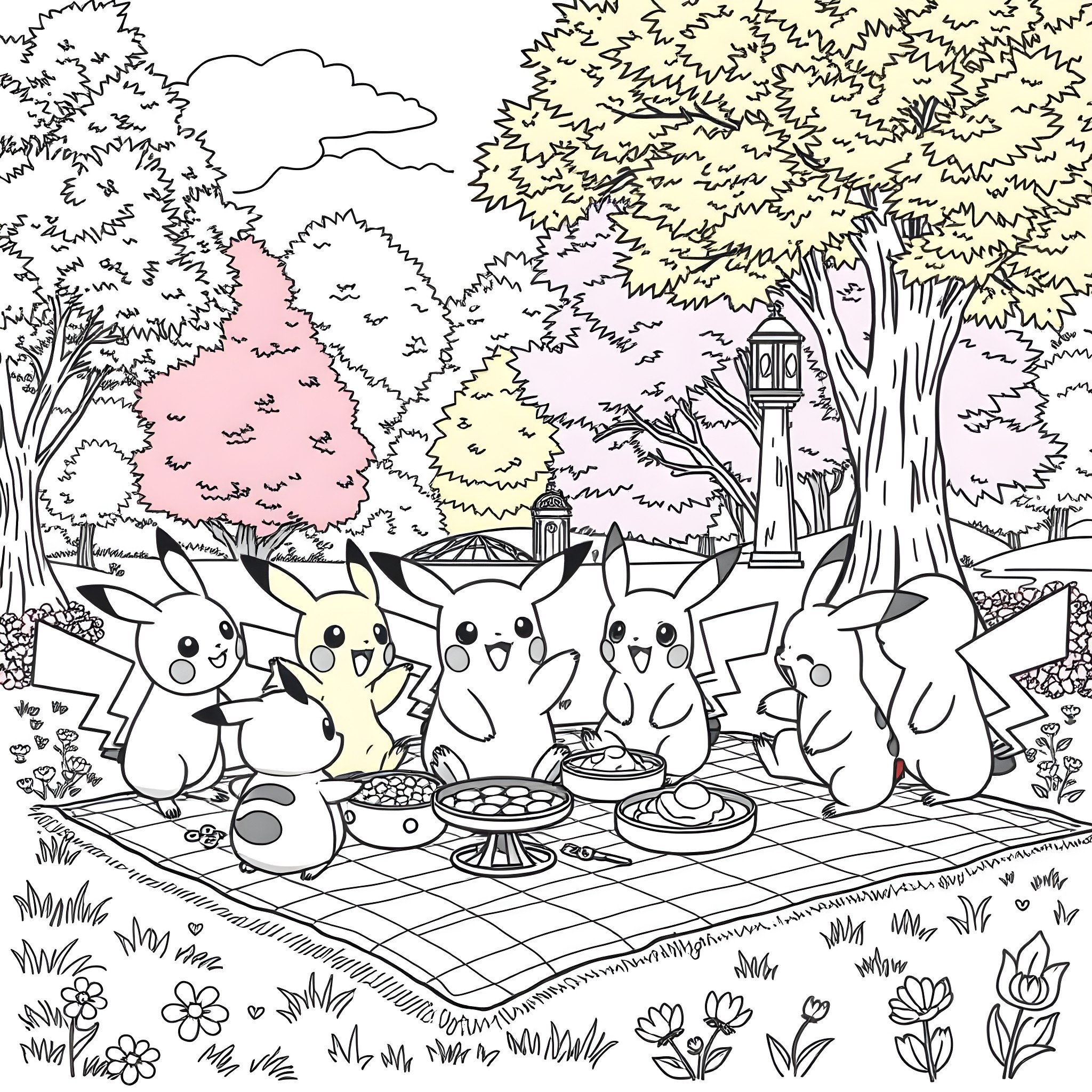 Pikachu Picnic in the Enchanting Forest Coloring Page (free black-and-white line drawing printable PDF for all, from beginners to advanced learners, including children, teens, adults, and seniors)