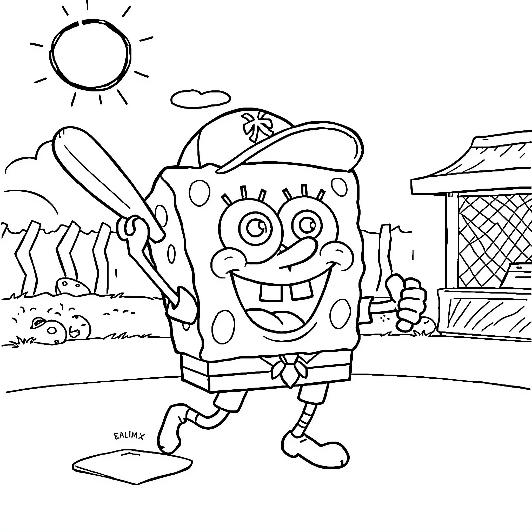 Spongebob going on an adventure in the outdoors Coloring Page (free black-and-white line drawing printable PDF for all, from beginners to advanced learners, including children, teens, adults, and seniors)