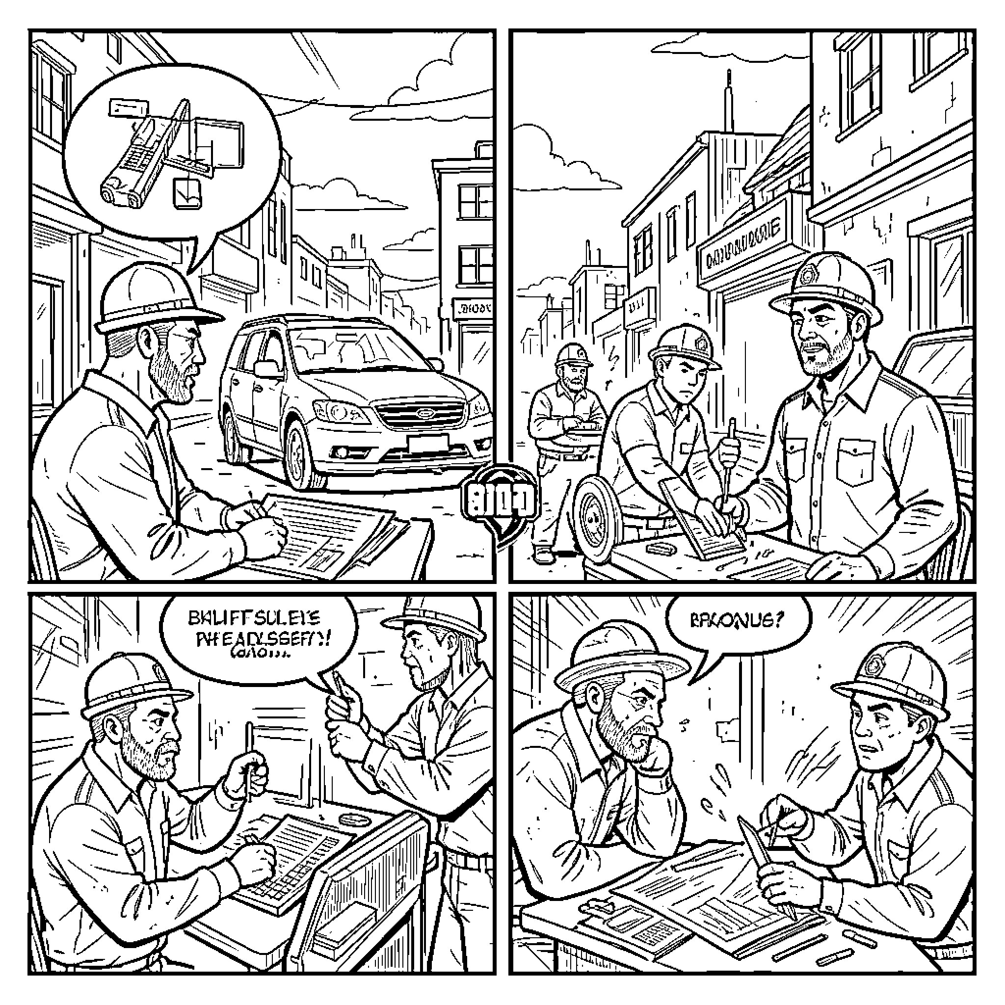 GTA Character construction workers discussing plans in a city Coloring Page (free black-and-white line drawing printable PDF for all, from beginners to advanced learners, including children, teens, adults, and seniors)
