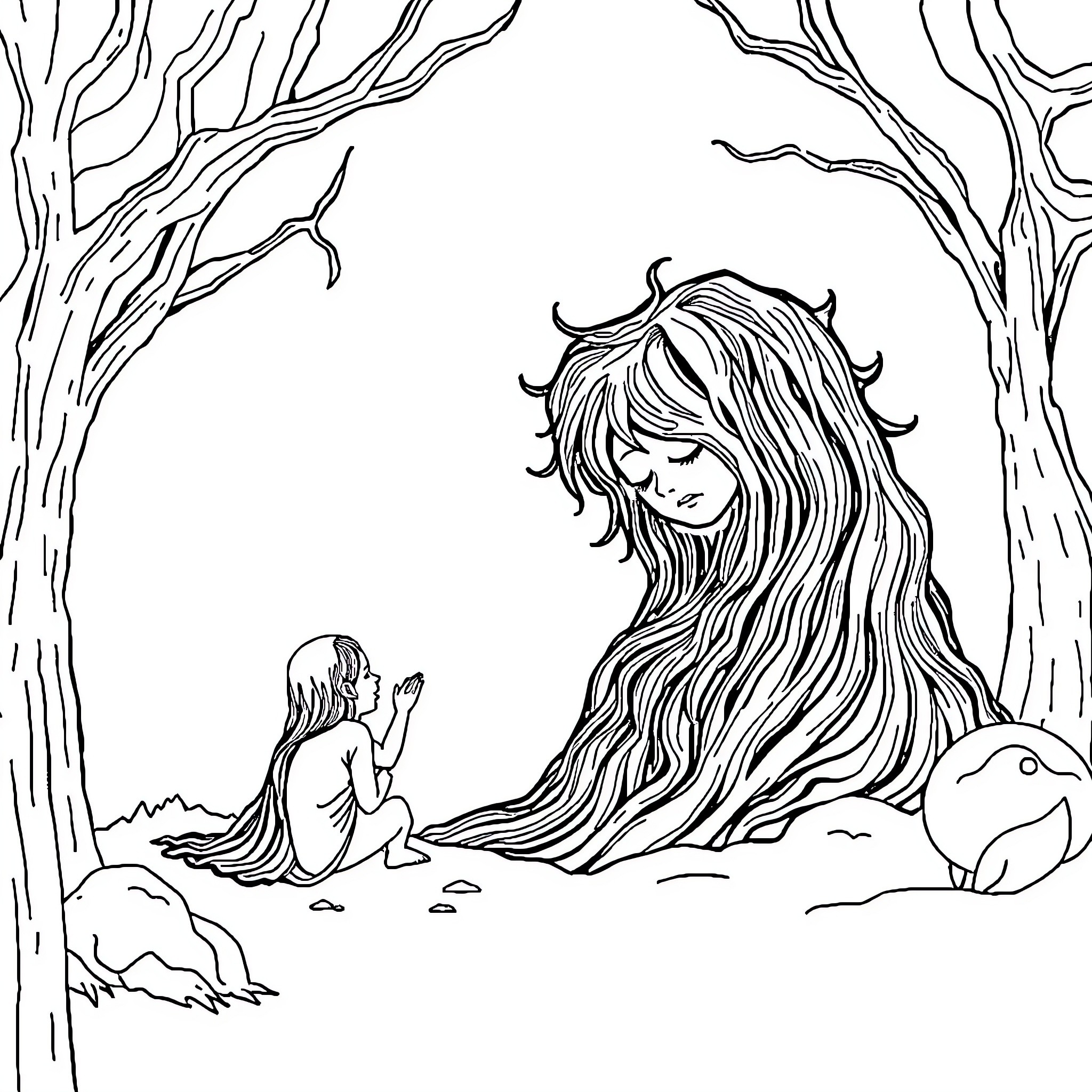 Sin of Solitude in the Enchanted Forest Coloring Page (free black-and-white line drawing printable PDF for all, from beginners to advanced learners, including children, teens, adults, and seniors)