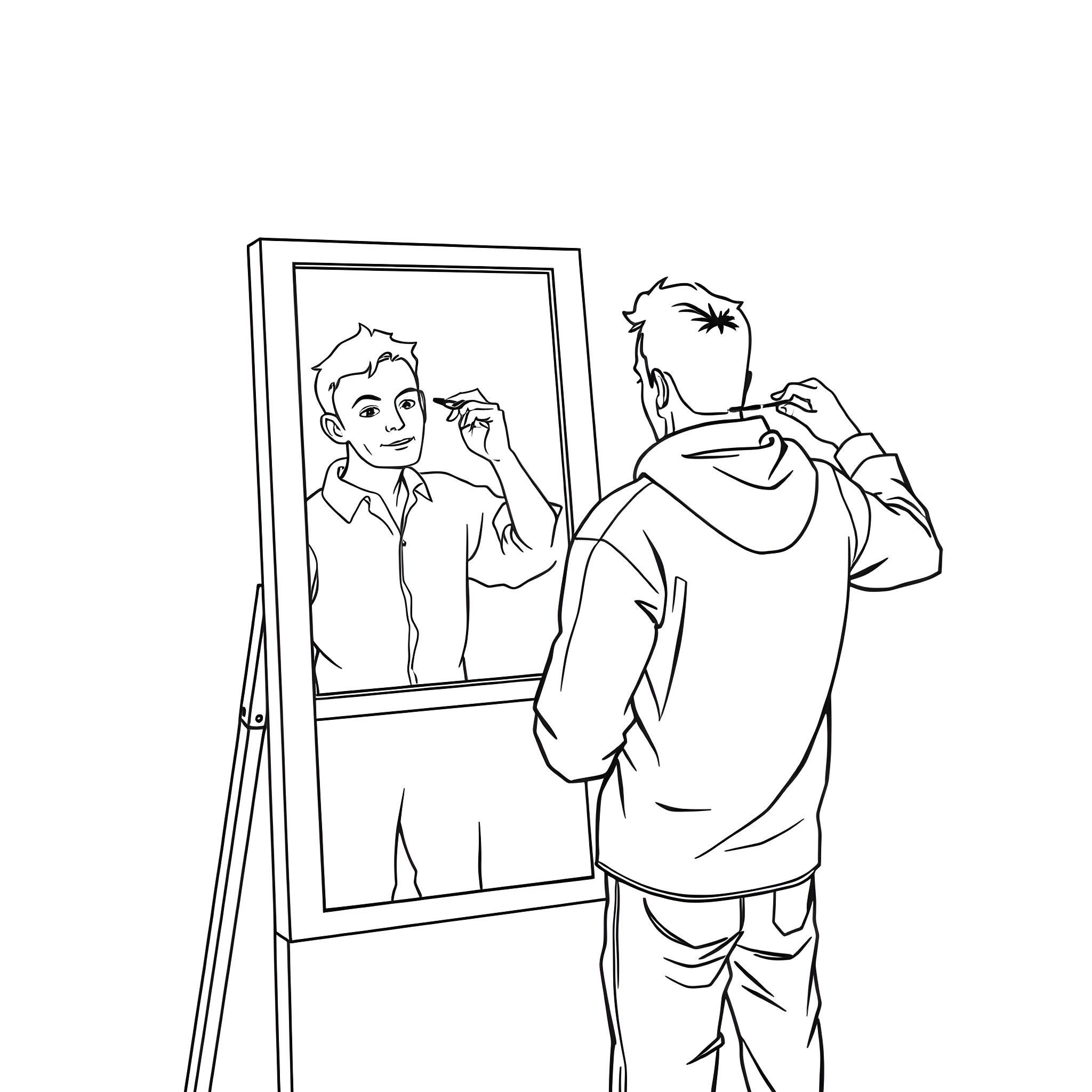 Man examining his reflection in the mirror Coloring Page (free black-and-white line drawing printable PDF for all, from beginners to advanced learners, including children, teens, adults, and seniors)