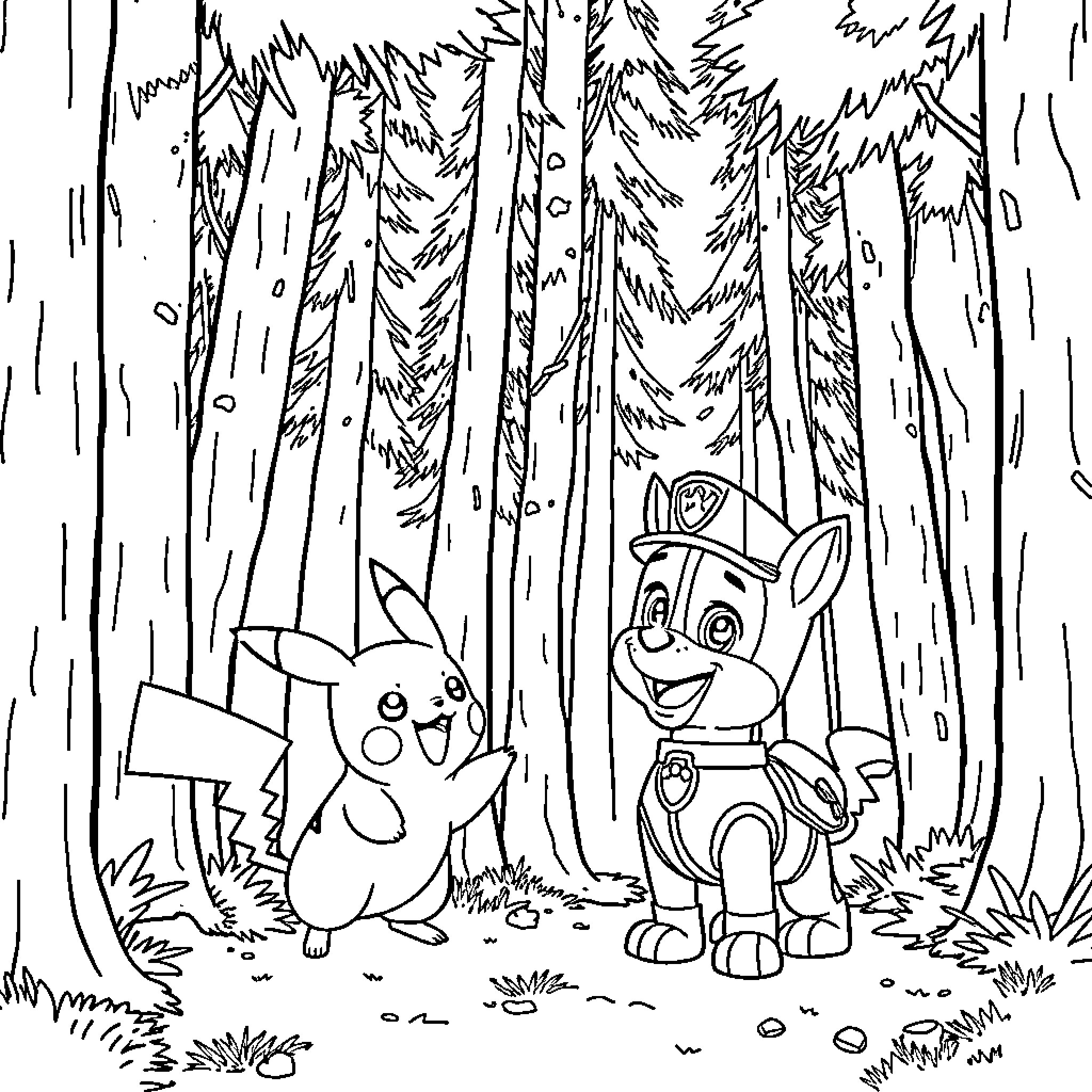 Pikachu and Paw Patrol Pup Exploring the Enchanted Forest Coloring Page (free black-and-white line drawing printable PDF for all, from beginners to advanced learners, including children, teens, adults, and seniors)