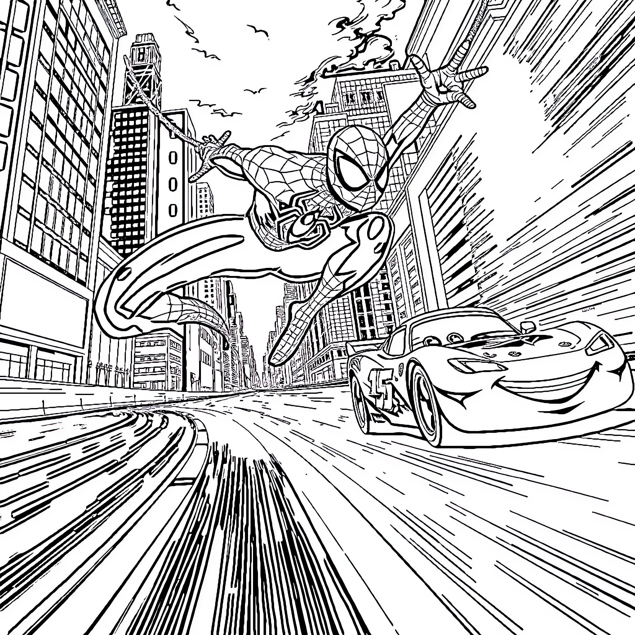 Spiderman swings through the city, chasing a fast car Coloring Page (free black-and-white line drawing printable PDF for all, from beginners to advanced learners, including children, teens, adults, and seniors)