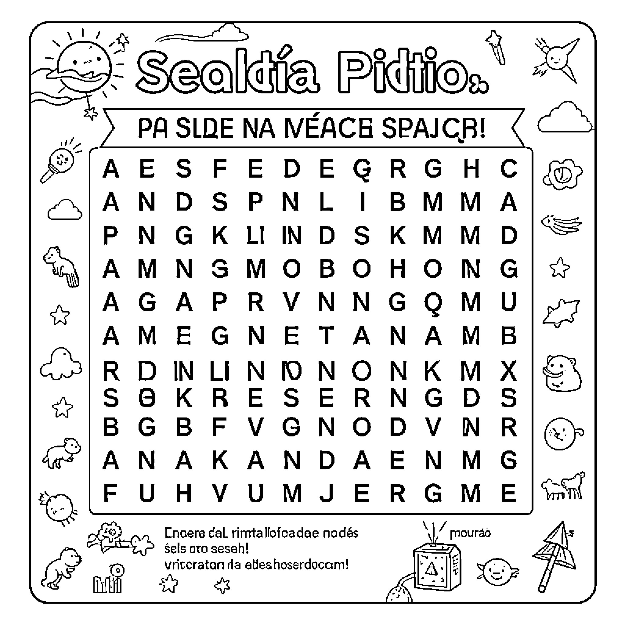 Sopa de Letras with playful doodles and letters Coloring Page (free black-and-white line drawing printable PDF for all, from beginners to advanced learners, including children, teens, adults, and seniors)