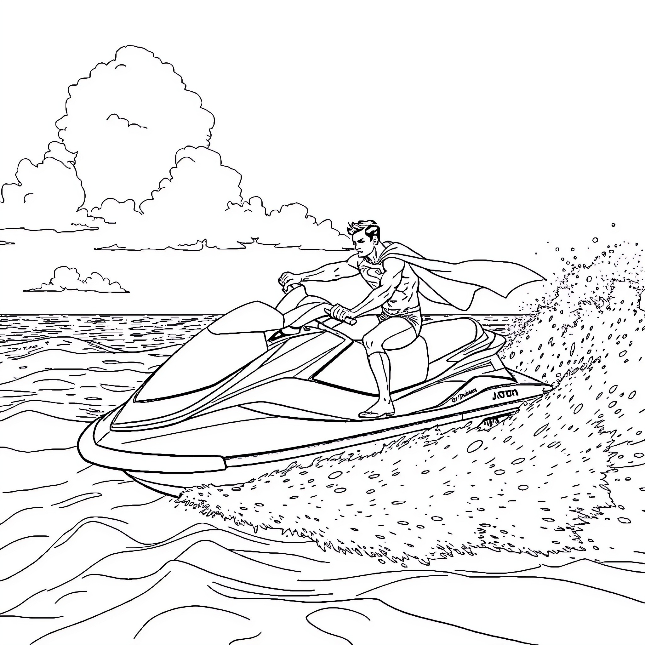 Superman racing on a jet ski across the ocean Coloring Page (free black-and-white line drawing printable PDF for all, from beginners to advanced learners, including children, teens, adults, and seniors)