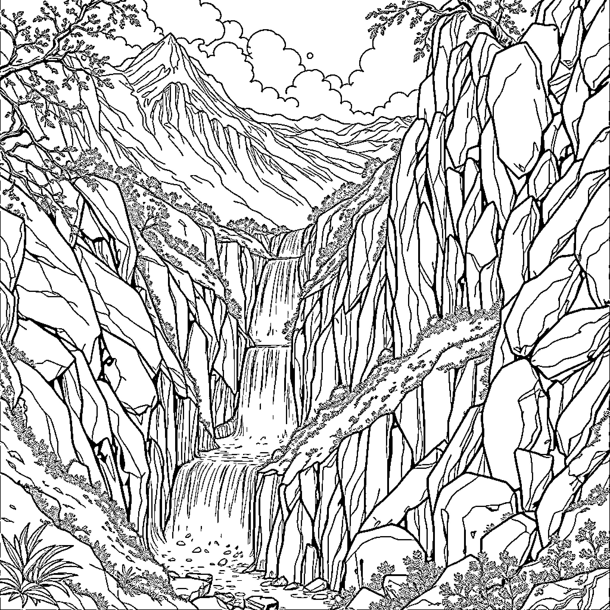 Rivendell: Majestic Waterfalls and Rugged Landscapes Coloring Page (free black-and-white line drawing printable PDF for all, from beginners to advanced learners, including children, teens, adults, and seniors)
