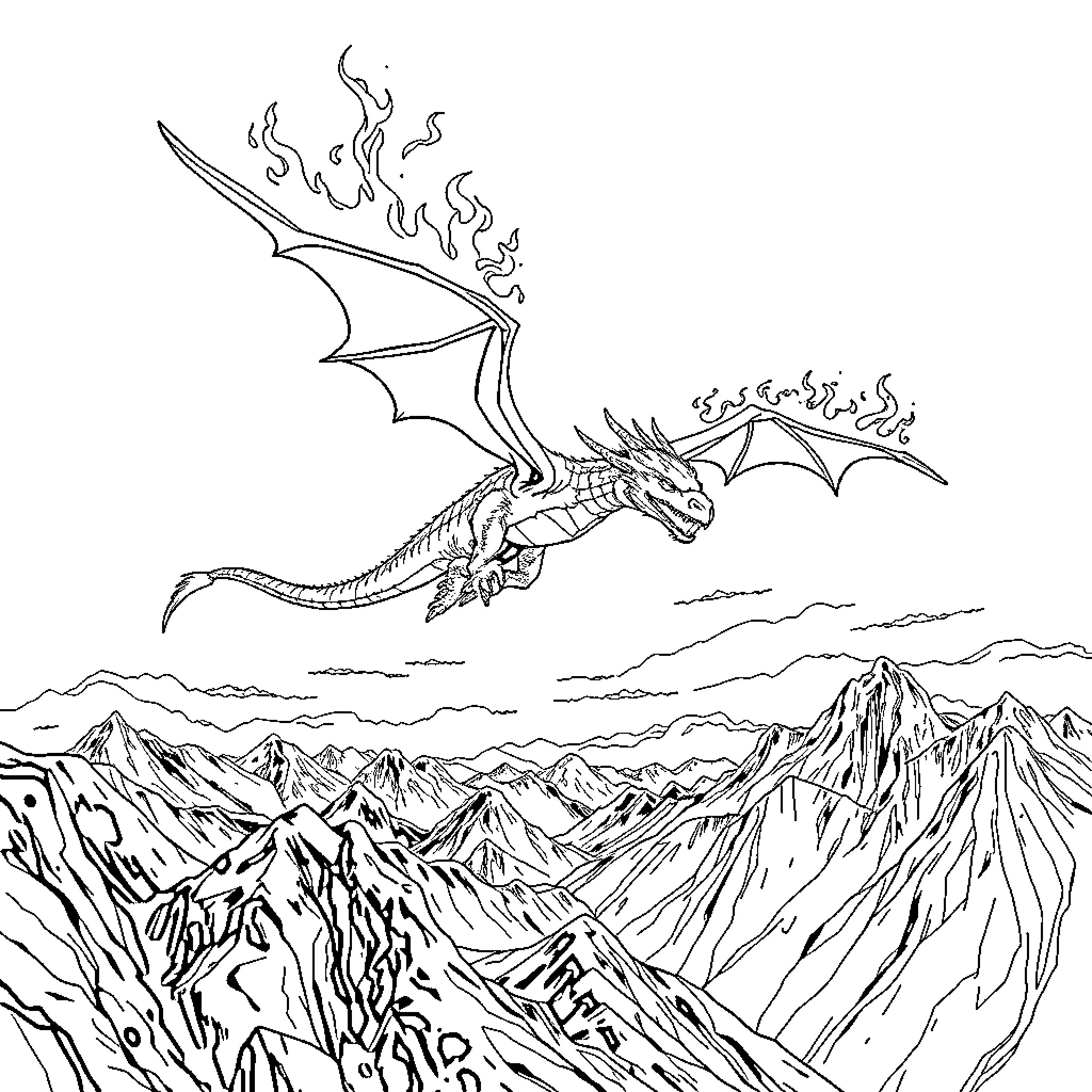 Dracaufeu soaring over majestic mountains Coloring Page (free black-and-white line drawing printable PDF for all, from beginners to advanced learners, including children, teens, adults, and seniors)
