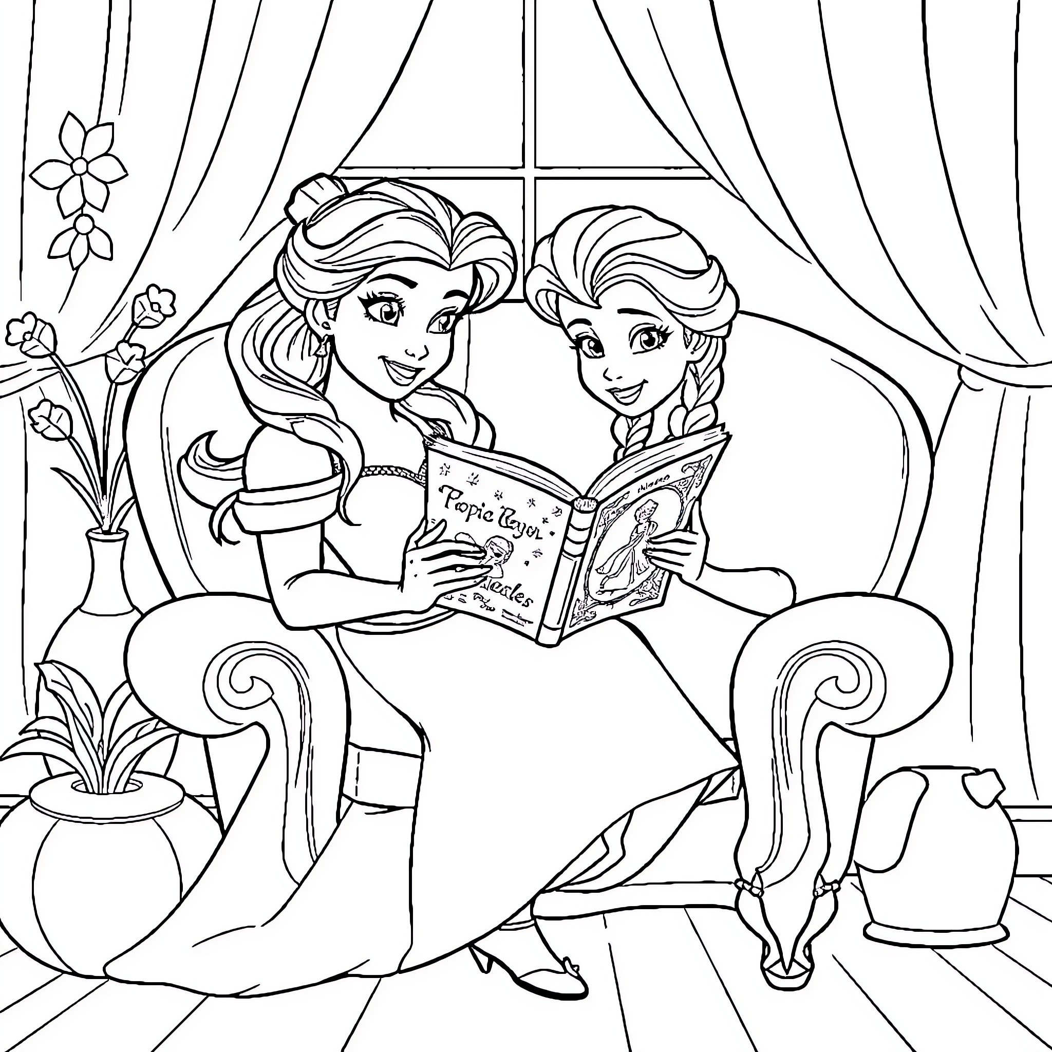 Belle and Elsa reading a book together Coloring Page (free black-and-white line drawing printable PDF for all, from beginners to advanced learners, including children, teens, adults, and seniors)
