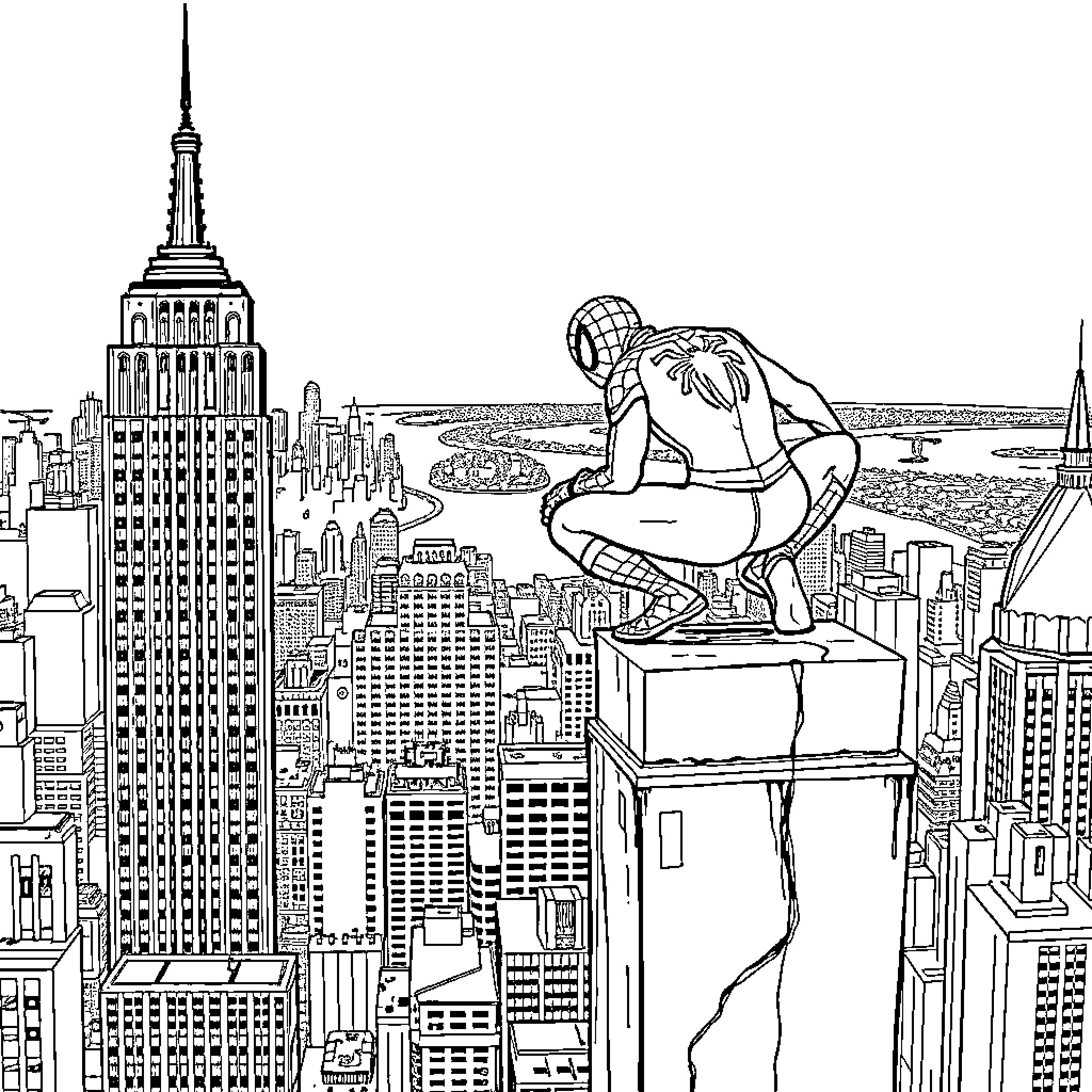Spiderman overlooking the city skyline Coloring Page (free black-and-white line drawing printable PDF for all, from beginners to advanced learners, including children, teens, adults, and seniors)
