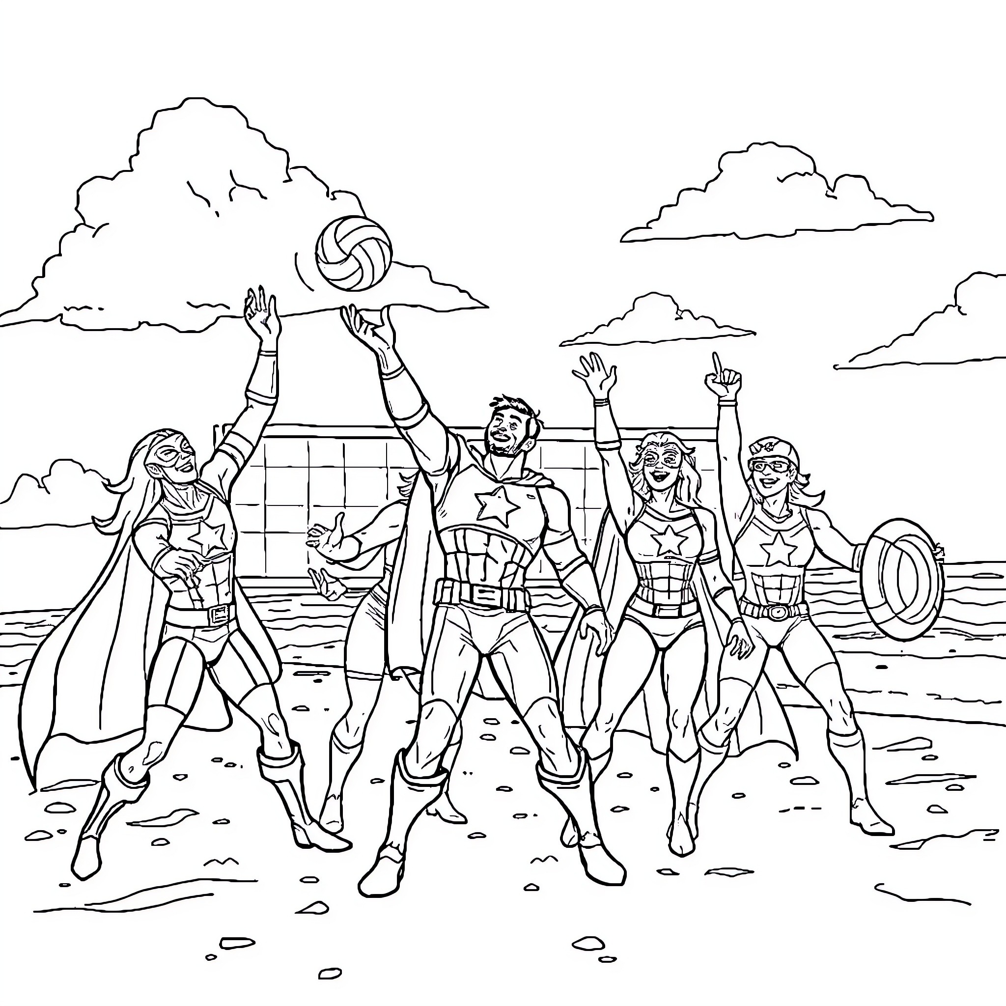 Avengers playing volleyball on the beach Coloring Page (free black-and-white line drawing printable PDF for all, from beginners to advanced learners, including children, teens, adults, and seniors)