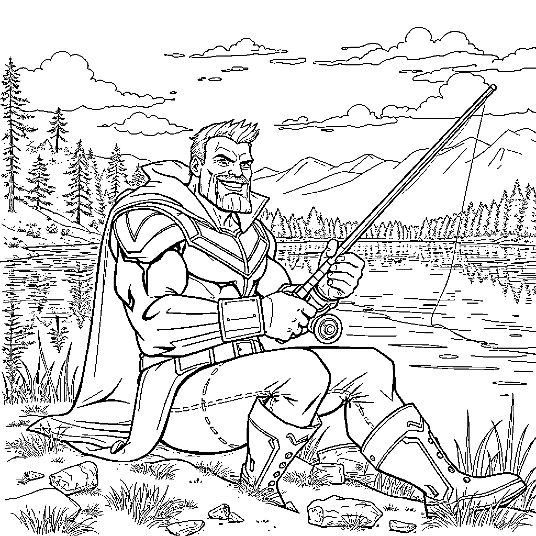 All Might Fishing Peacefully by the Lake Coloring Page (free black-and-white line drawing printable PDF for all, from beginners to advanced learners, including children, teens, adults, and seniors)