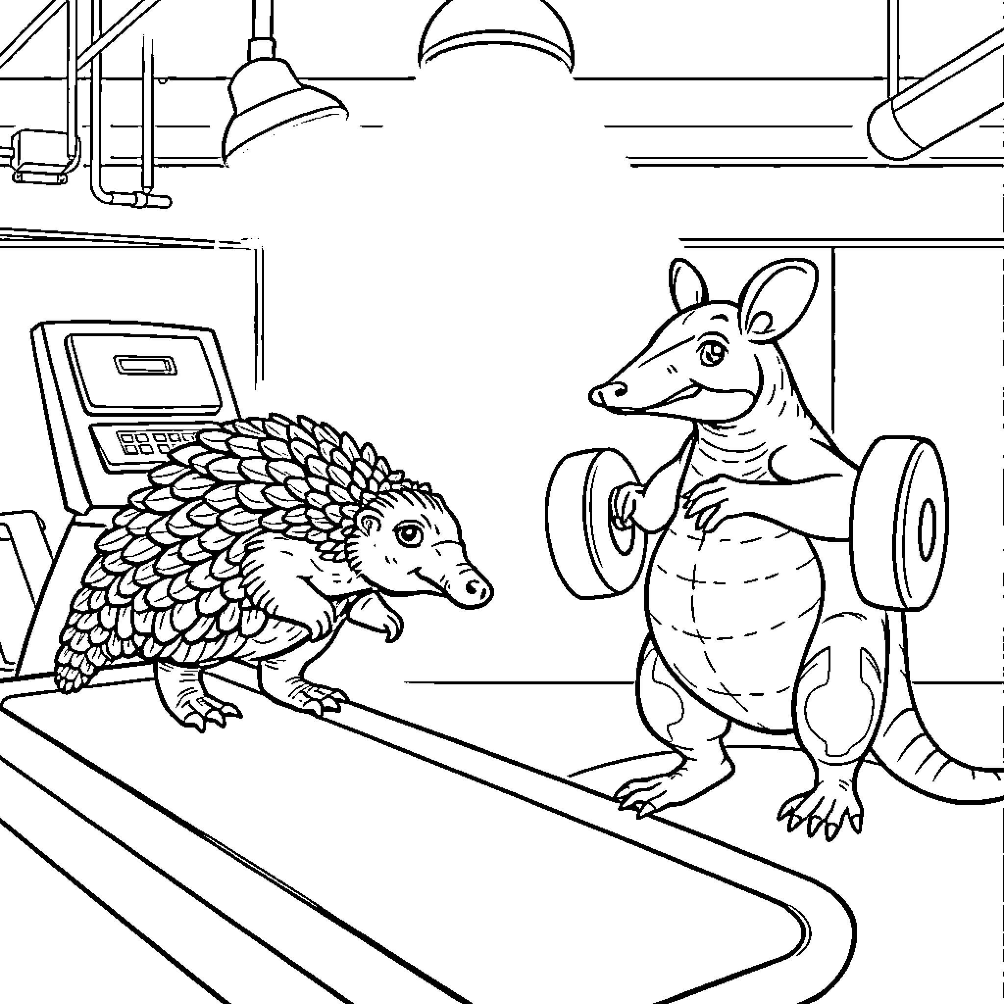 Pangolins working out in the gym Coloring Page (free black-and-white line drawing printable PDF for all, from beginners to advanced learners, including children, teens, adults, and seniors)