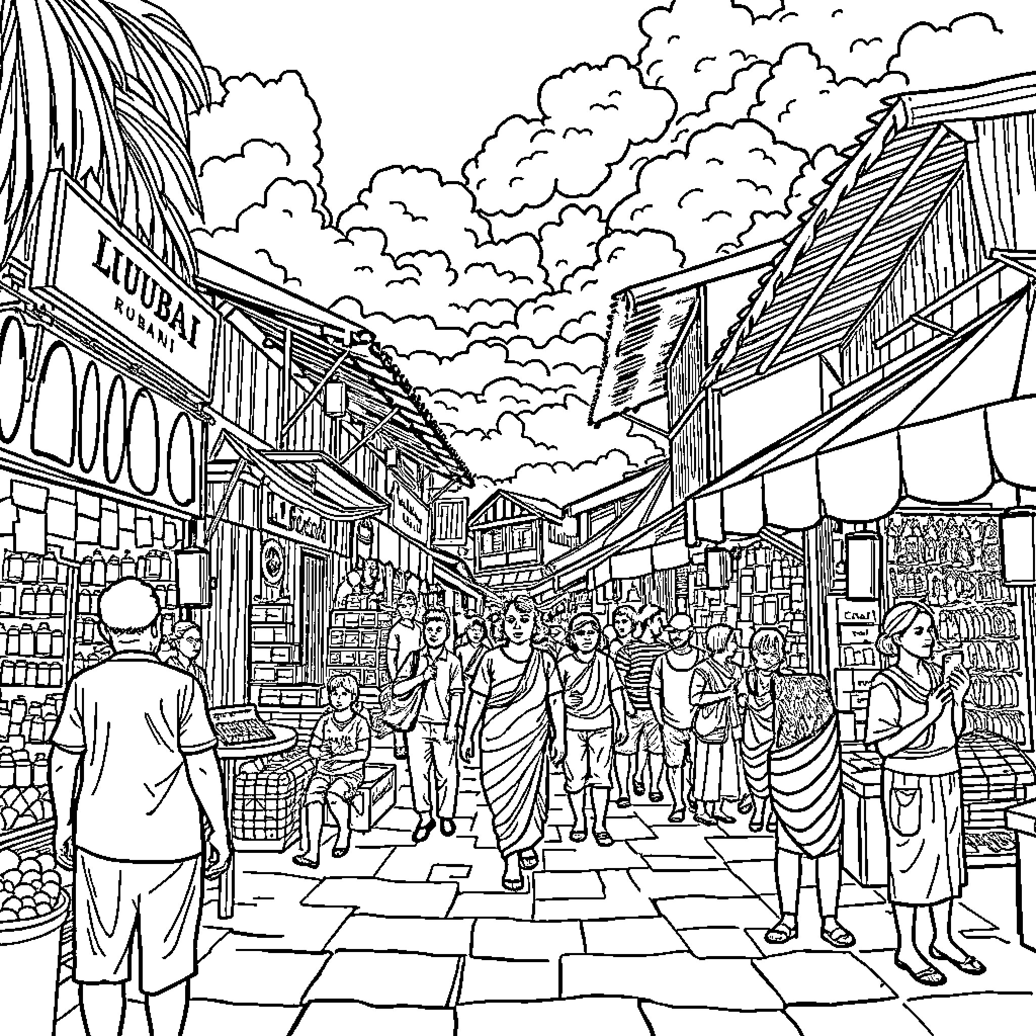 Lulubai's bustling marketplace scene Coloring Page (free black-and-white line drawing printable PDF for all, from beginners to advanced learners, including children, teens, adults, and seniors)