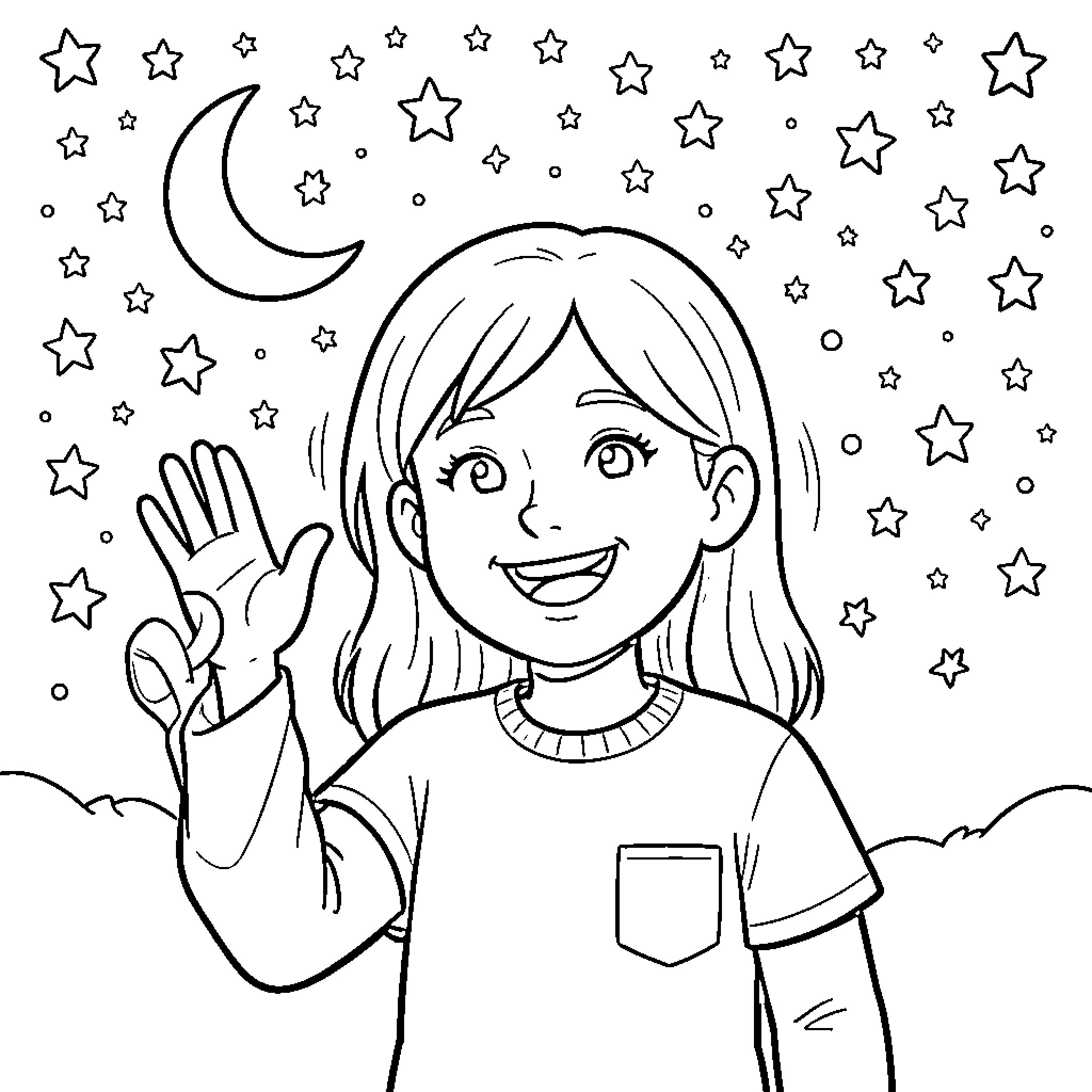 Good Night Dreamy Girl Under Starry Sky Coloring Page (free black-and-white line drawing printable PDF for all, from beginners to advanced learners, including children, teens, adults, and seniors)