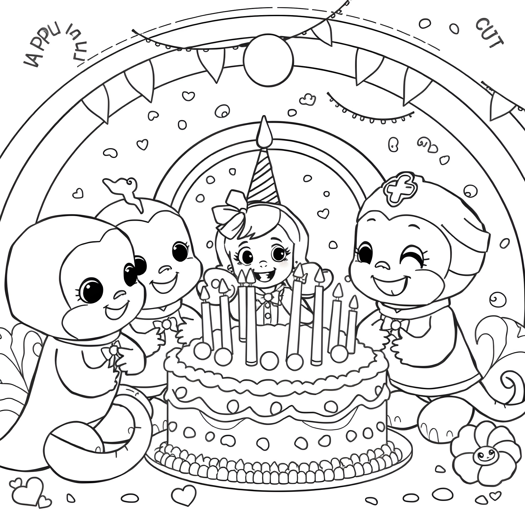 Octonaut friends celebrate a birthday party Coloring Page (free black-and-white line drawing printable PDF for all, from beginners to advanced learners, including children, teens, adults, and seniors)