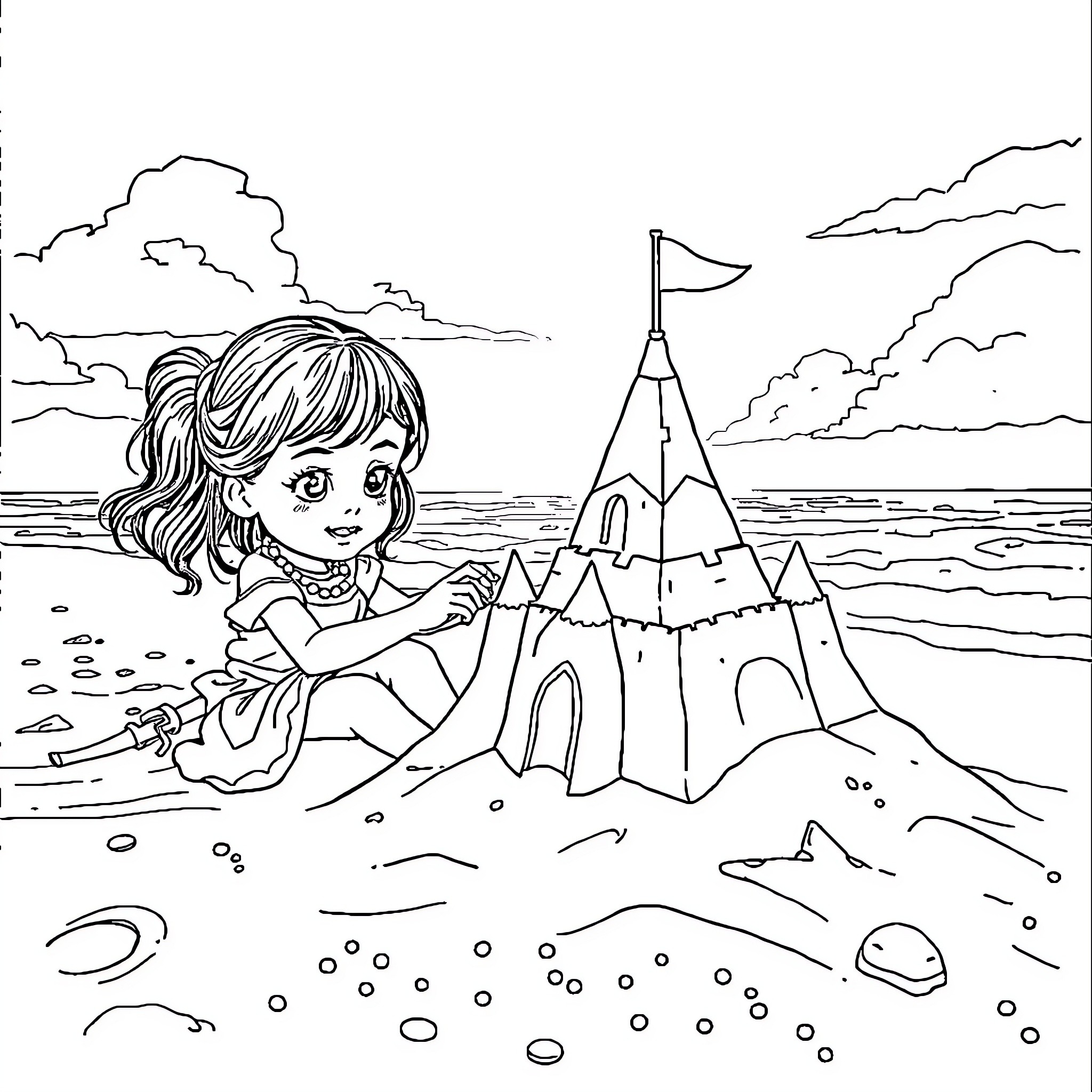 Fille building sandcastle on the beach Coloring Page (free black-and-white line drawing printable PDF for all, from beginners to advanced learners, including children, teens, adults, and seniors)