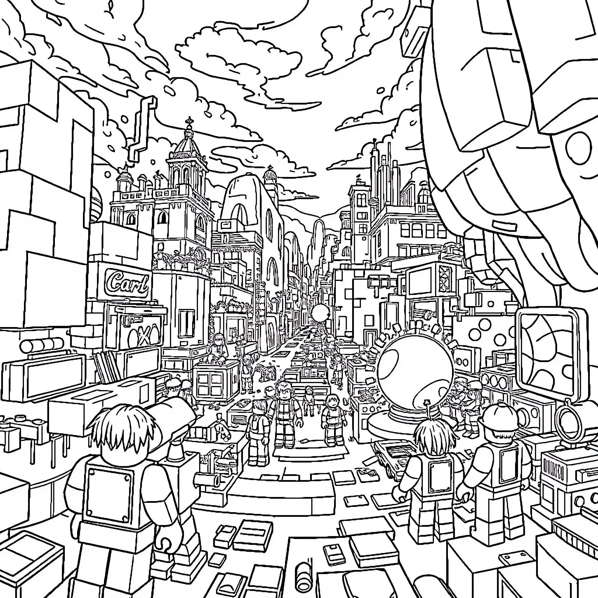 Roblox Animated City Adventure and Exploration Coloring Page (free black-and-white line drawing printable PDF for all, from beginners to advanced learners, including children, teens, adults, and seniors)