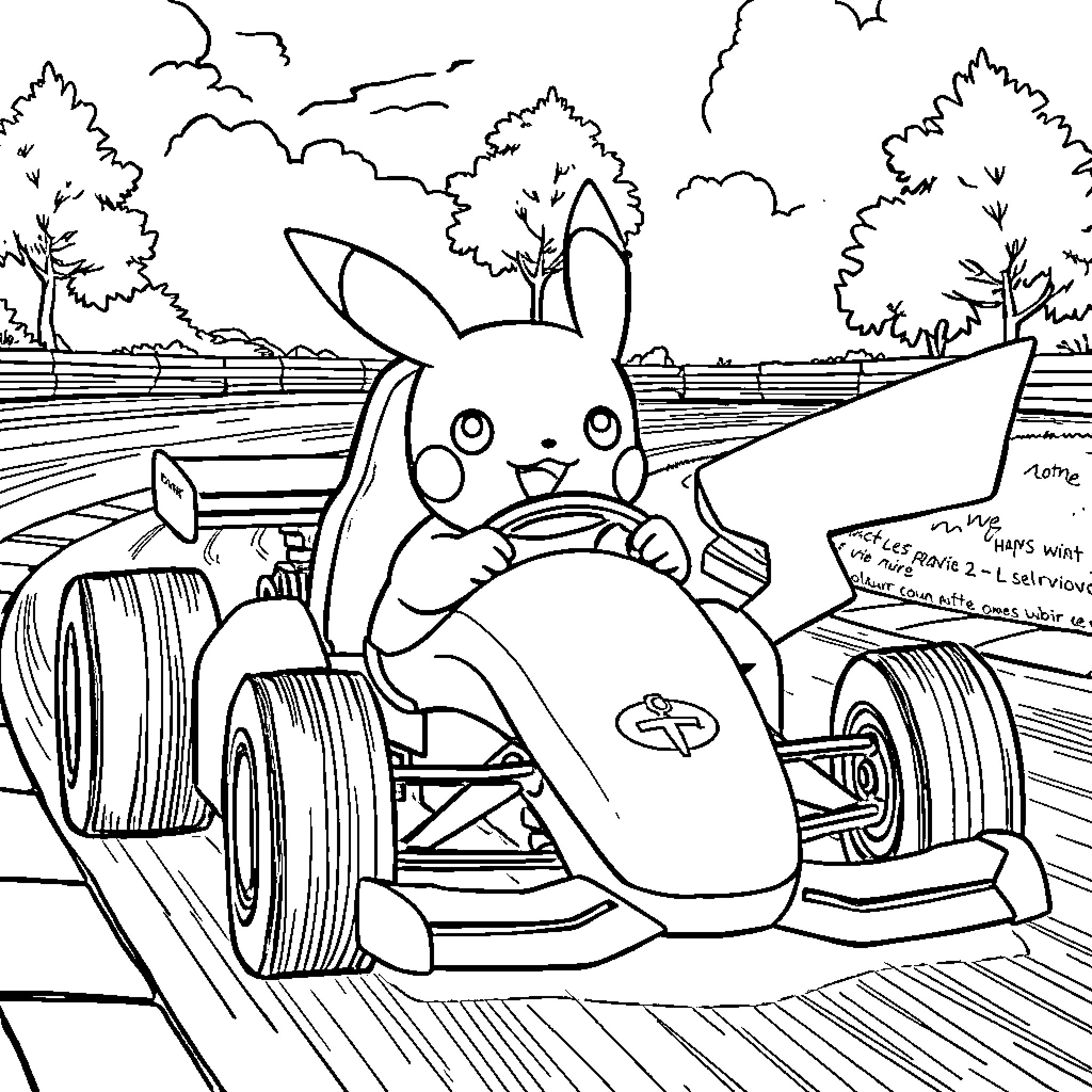 Pikachu racing on a formula car Coloring Page (free black-and-white line drawing printable PDF for all, from beginners to advanced learners, including children, teens, adults, and seniors)