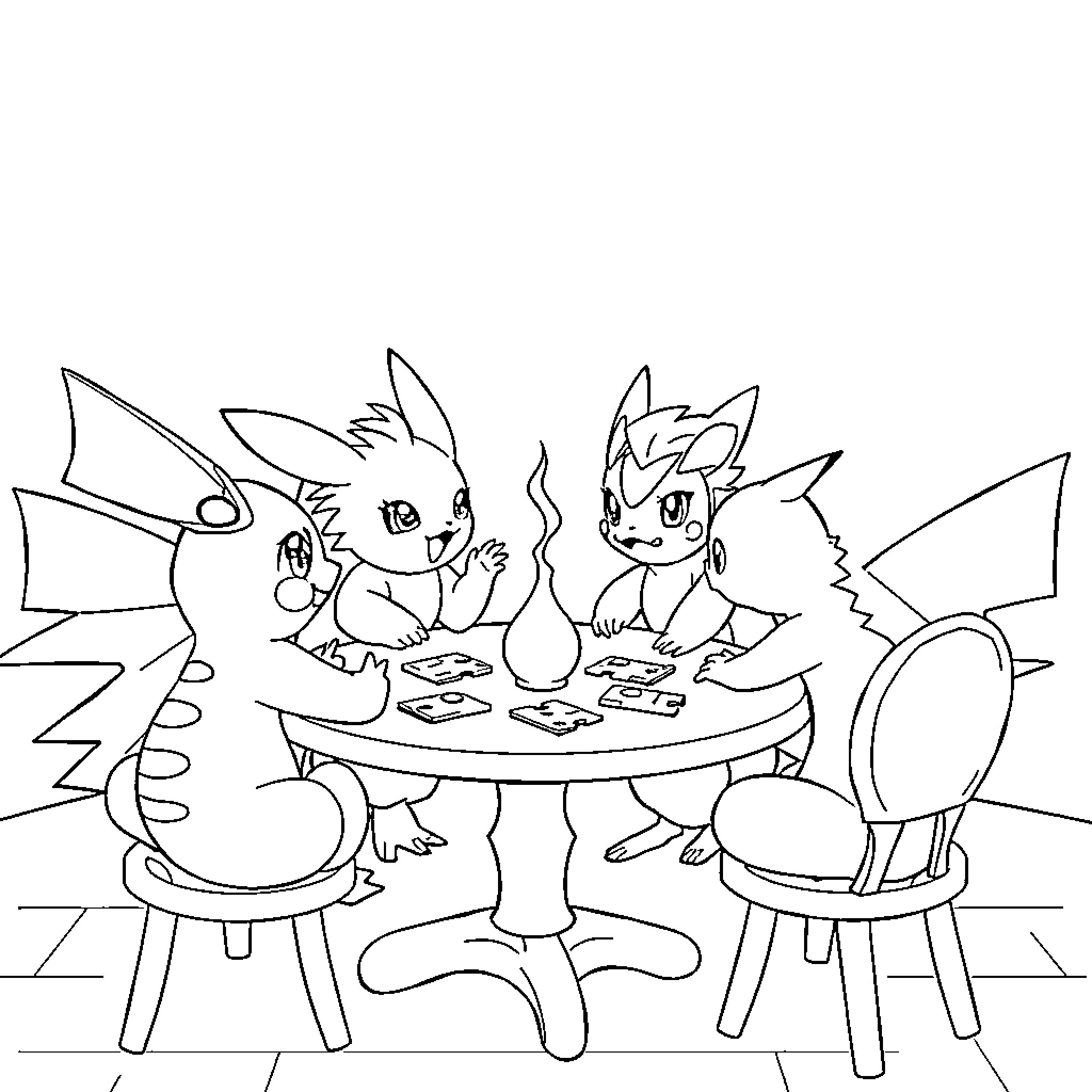 Pokémon characters dining together Coloring Page (free black-and-white line drawing printable PDF for all, from beginners to advanced learners, including children, teens, adults, and seniors)