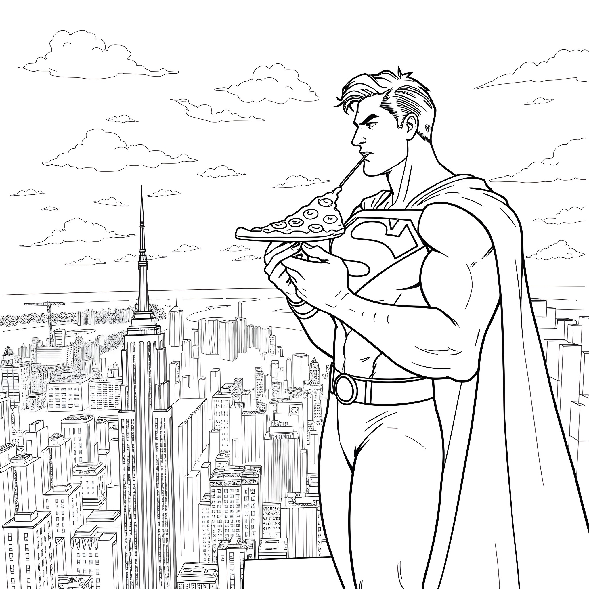 Superman Surveying the Metropolis Skyline Coloring Page (free black-and-white line drawing printable PDF for all, from beginners to advanced learners, including children, teens, adults, and seniors)