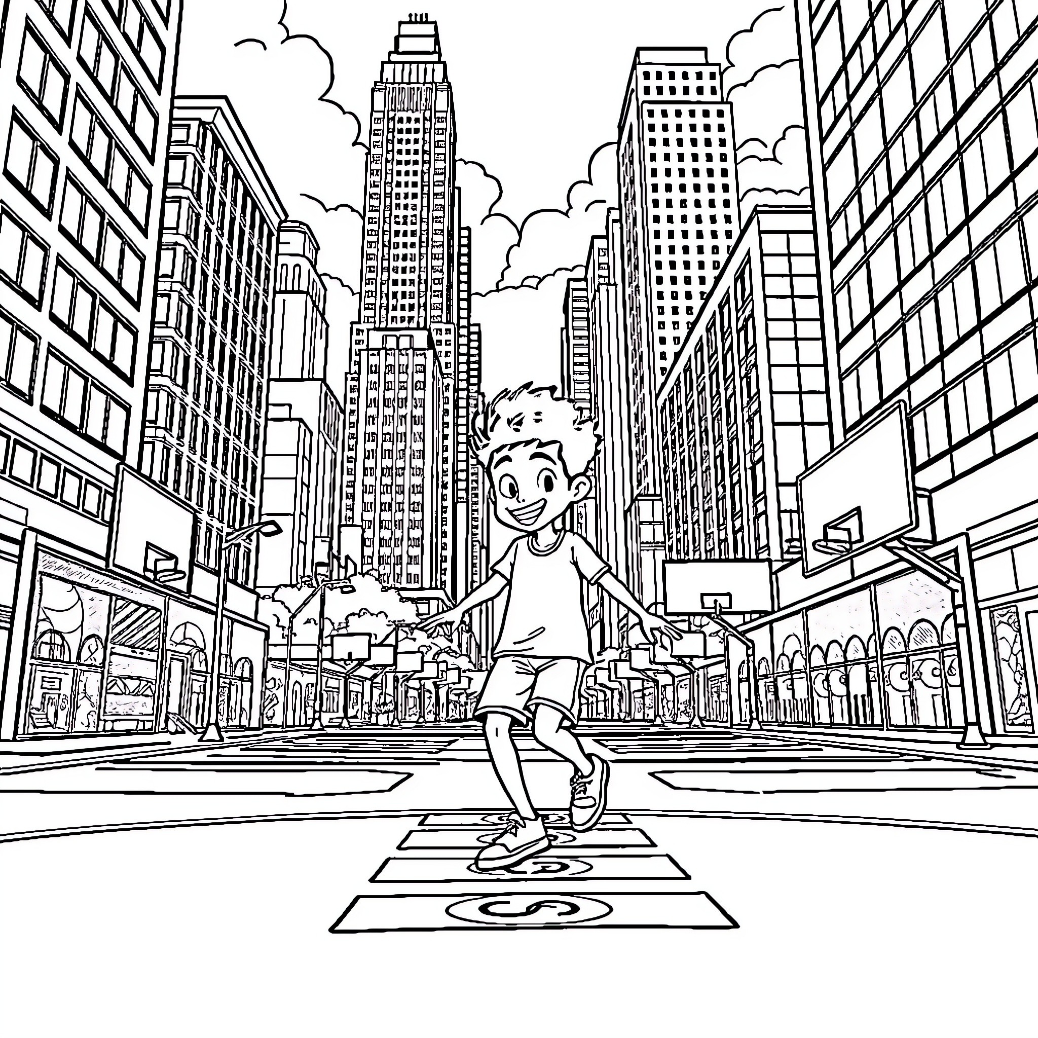 Miles Morales adventuring through the city streets Coloring Page (free black-and-white line drawing printable PDF for all, from beginners to advanced learners, including children, teens, adults, and seniors)