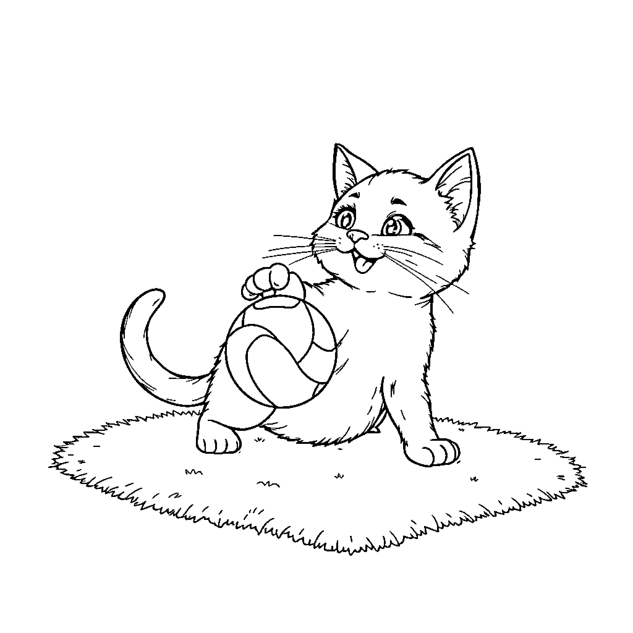 Cat playing with ball on grassy field Coloring Page (free black-and-white line drawing printable PDF for all, from beginners to advanced learners, including children, teens, adults, and seniors)