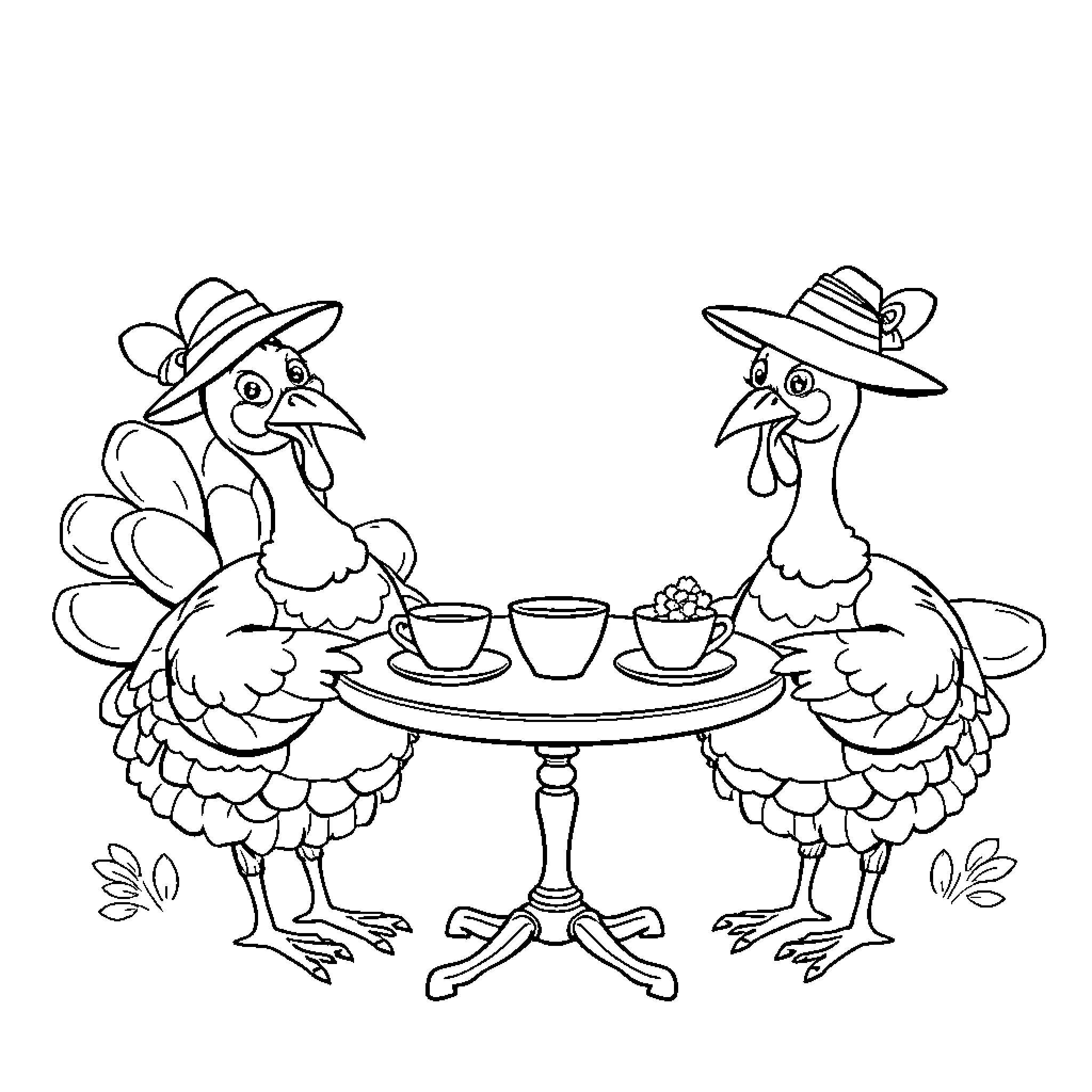 Turkey couple enjoying tea time together Coloring Page (free black-and-white line drawing printable PDF for all, from beginners to advanced learners, including children, teens, adults, and seniors)
