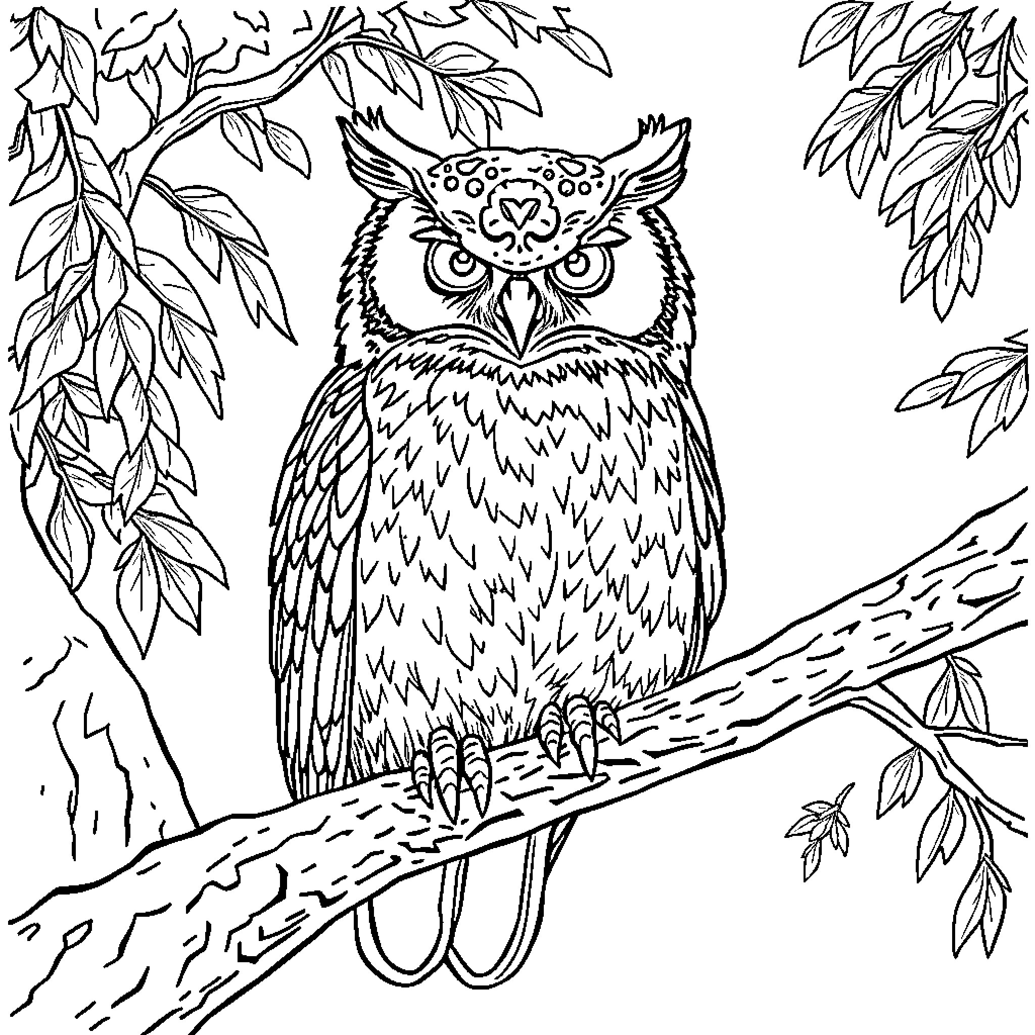 Owl perched on a branch in a forest Coloring Page (free black-and-white line drawing printable PDF for all, from beginners to advanced learners, including children, teens, adults, and seniors)