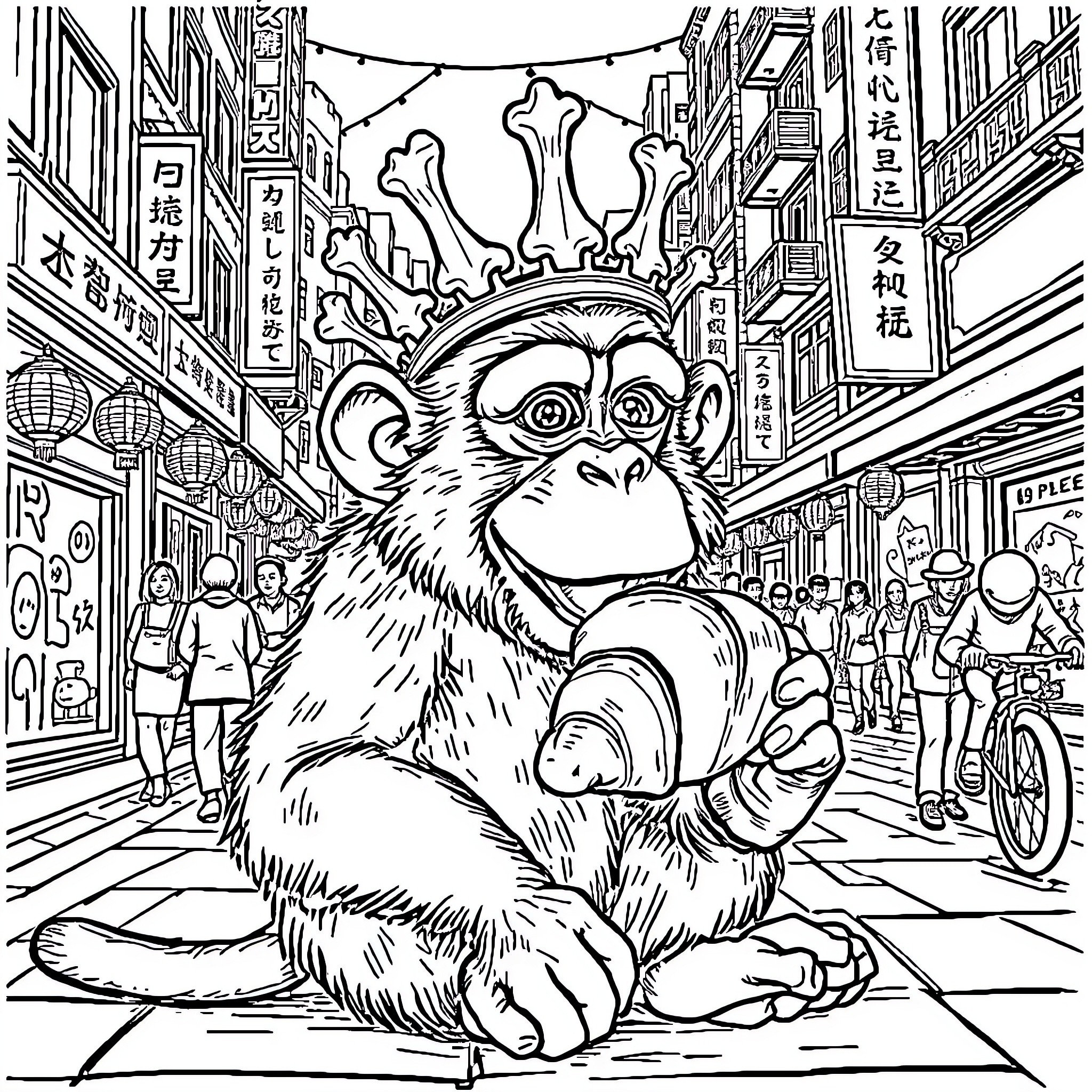 Monkey Wearing Crown in Bustling City Street Coloring Page (free black-and-white line drawing printable PDF for all, from beginners to advanced learners, including children, teens, adults, and seniors)