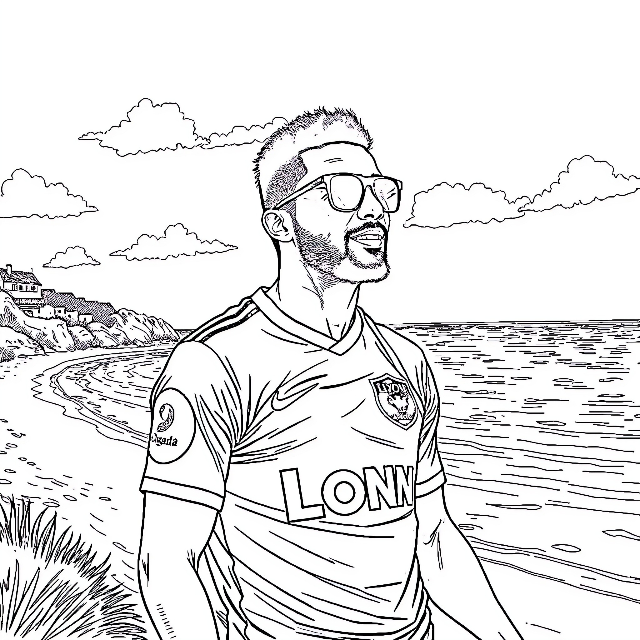 Malick Fofana enjoying the seaside view Coloring Page (free black-and-white line drawing printable PDF for all, from beginners to advanced learners, including children, teens, adults, and seniors)