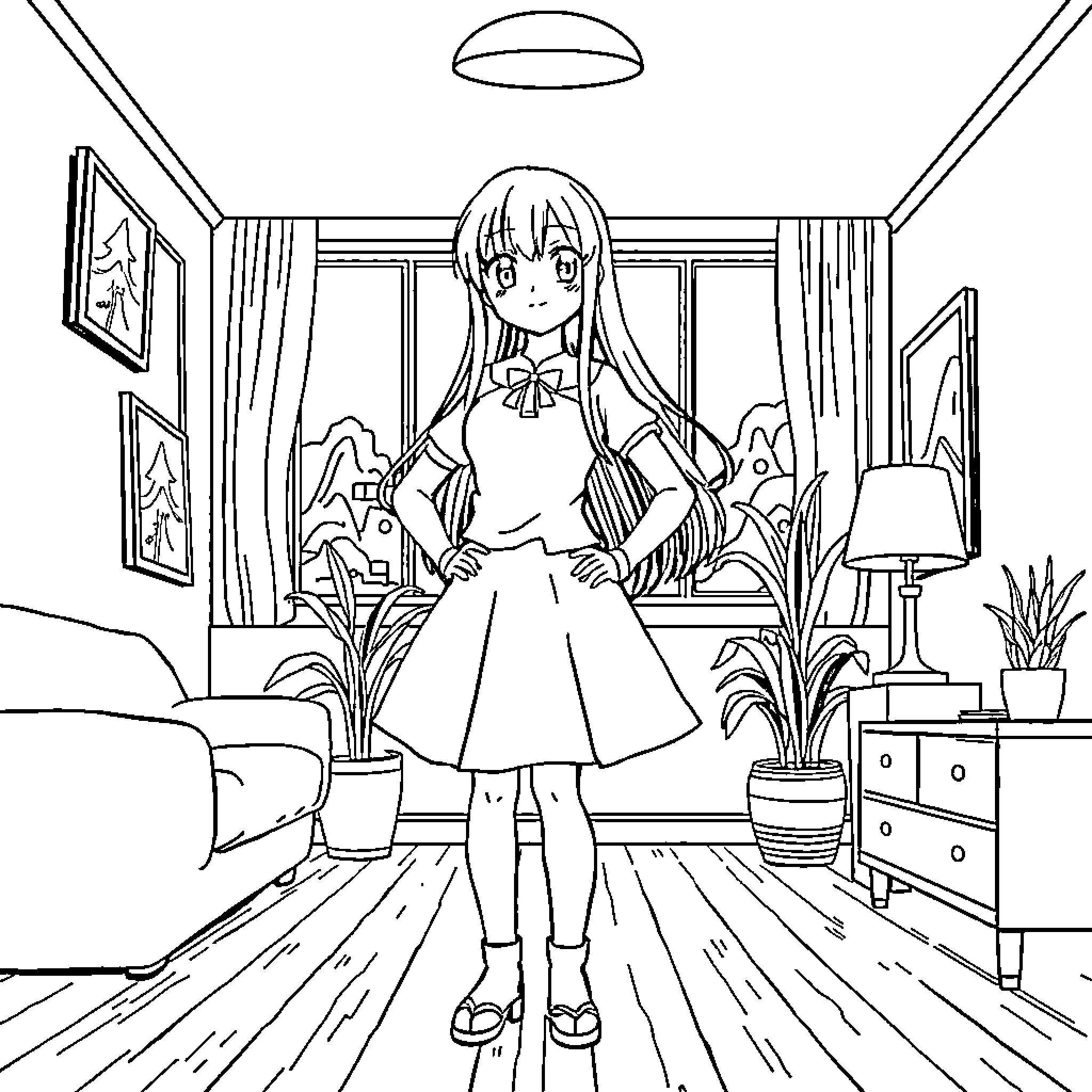 Yuri's joyful expression in a cozy living space Coloring Page (free black-and-white line drawing printable PDF for all, from beginners to advanced learners, including children, teens, adults, and seniors)