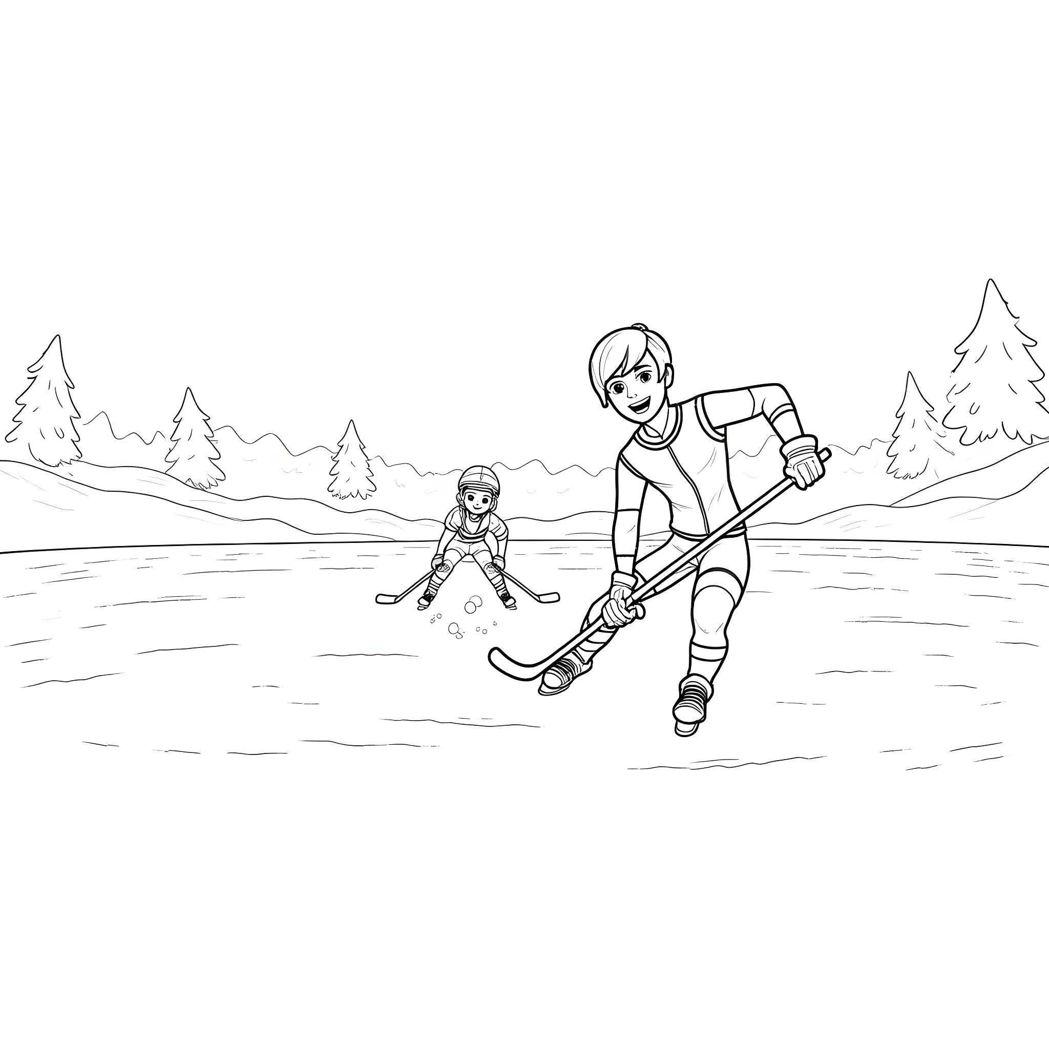 Ice Hockey Players in Winter Outdoor Scene Coloring Page (free black-and-white line drawing printable PDF for all, from beginners to advanced learners, including children, teens, adults, and seniors)