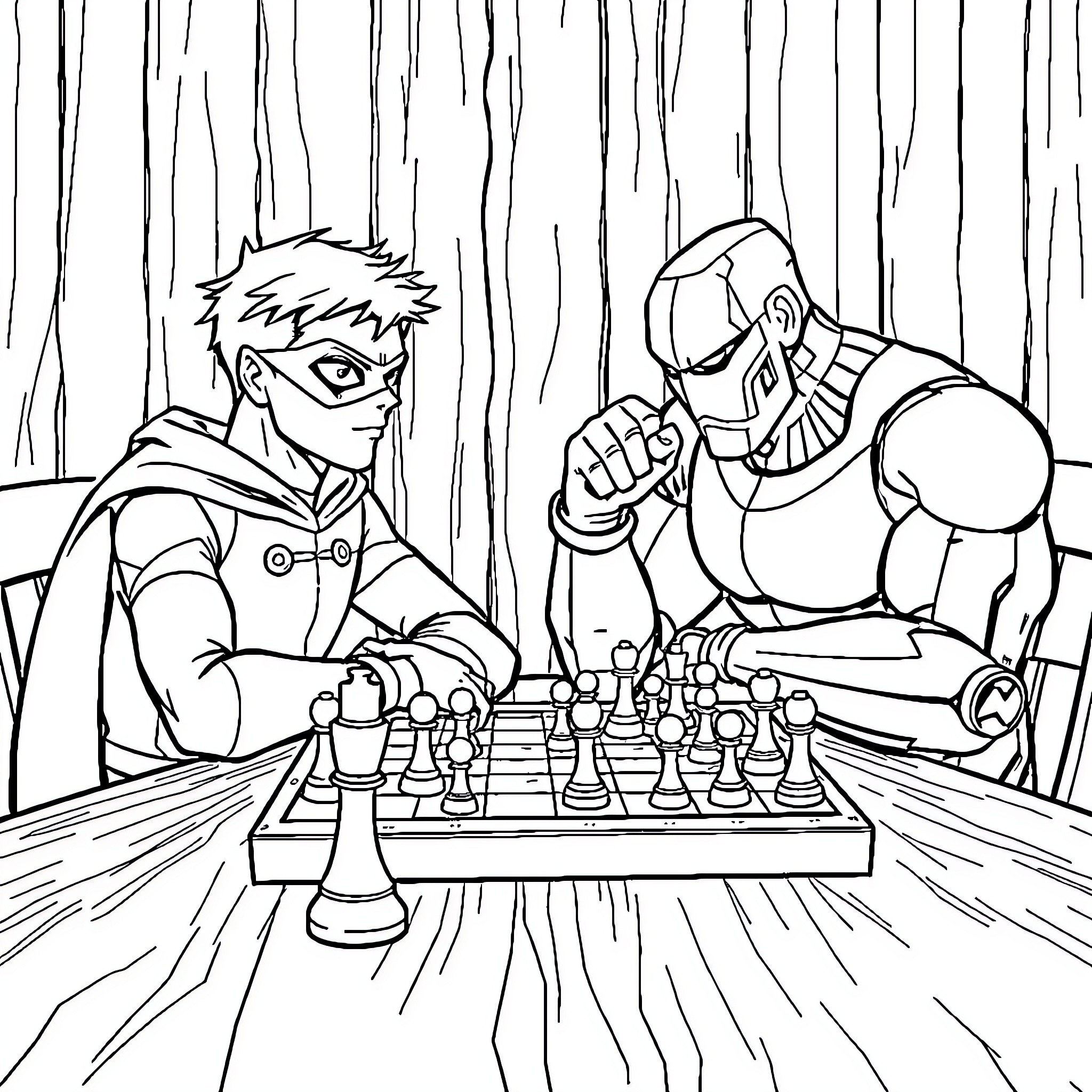 Robin and Mysterious Opponent Engage in Chess Match Coloring Page (free black-and-white line drawing printable PDF for all, from beginners to advanced learners, including children, teens, adults, and seniors)
