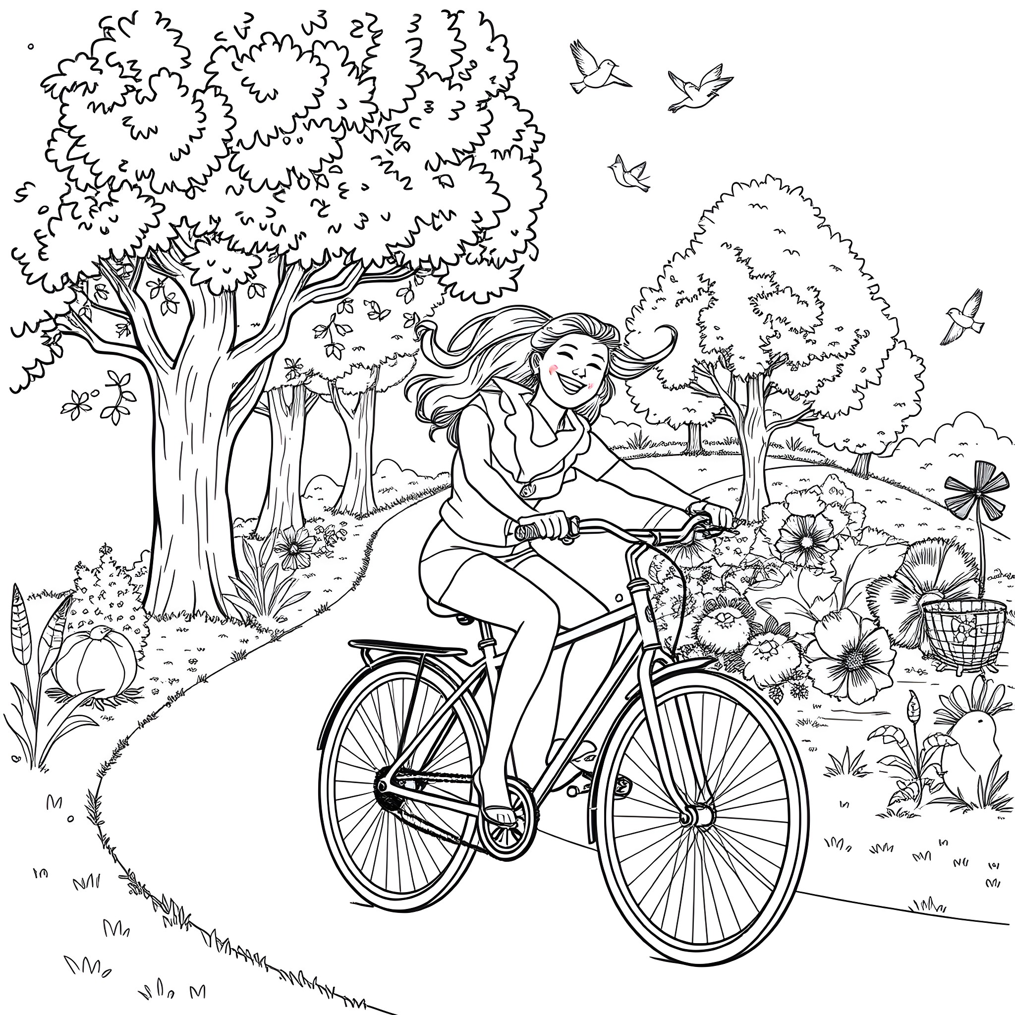 Bicycle ride through a peaceful garden Coloring Page (free black-and-white line drawing printable PDF for all, from beginners to advanced learners, including children, teens, adults, and seniors)