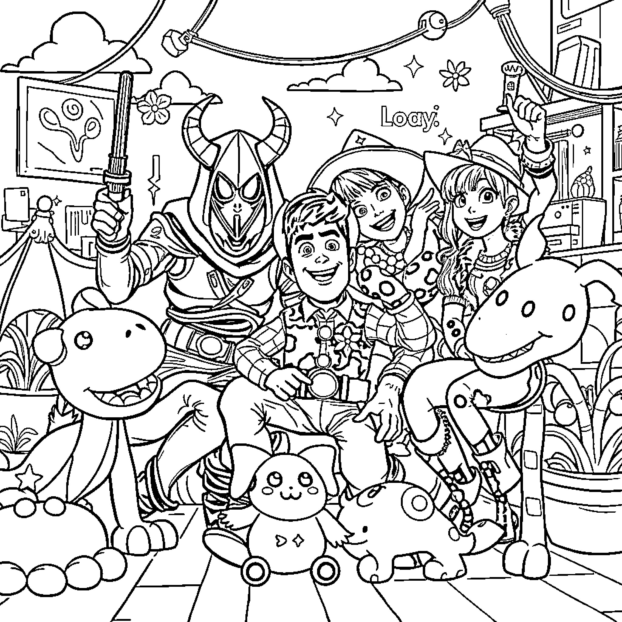 Kpop Characters in Vibrant and Playful Scene Coloring Page (free black-and-white line drawing printable PDF for all, from beginners to advanced learners, including children, teens, adults, and seniors)