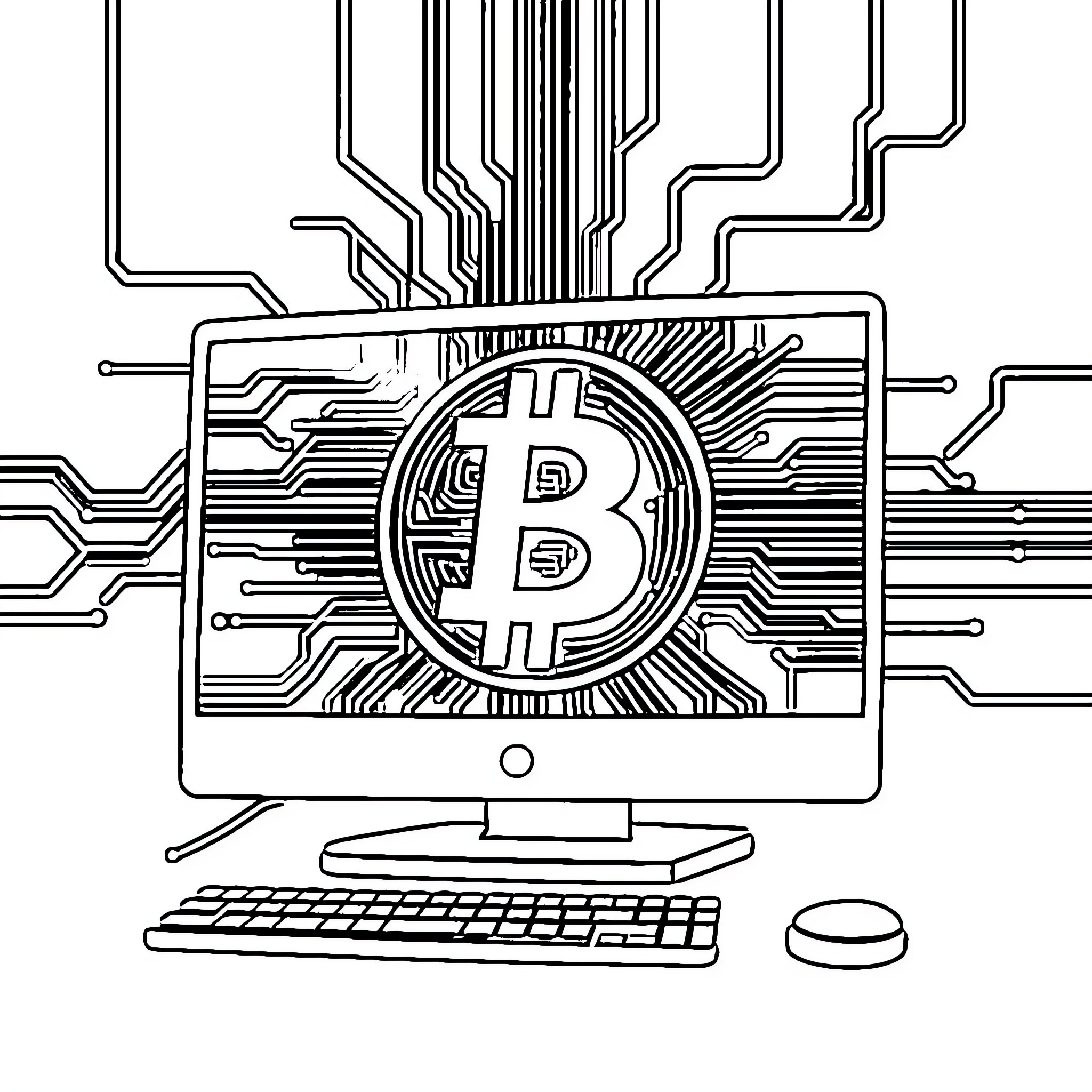 Bitcoin computer technology and digital currency Coloring Page (free black-and-white line drawing printable PDF for all, from beginners to advanced learners, including children, teens, adults, and seniors)