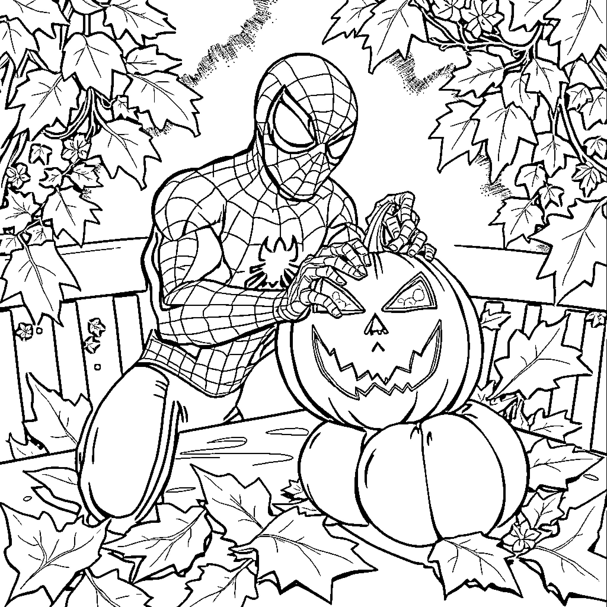 Spiderman Halloween Pumpkin Carving in Autumn Coloring Page (free black-and-white line drawing printable PDF for all, from beginners to advanced learners, including children, teens, adults, and seniors)