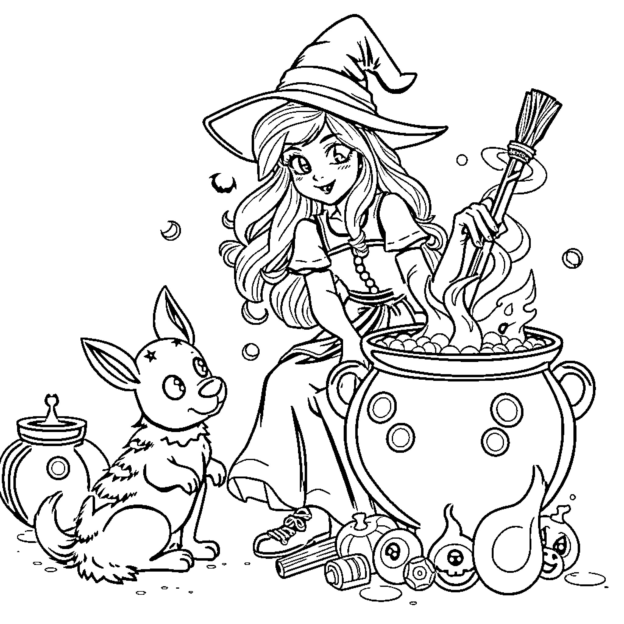 Witch concocting magical potion with companion Coloring Page (free black-and-white line drawing printable PDF for all, from beginners to advanced learners, including children, teens, adults, and seniors)