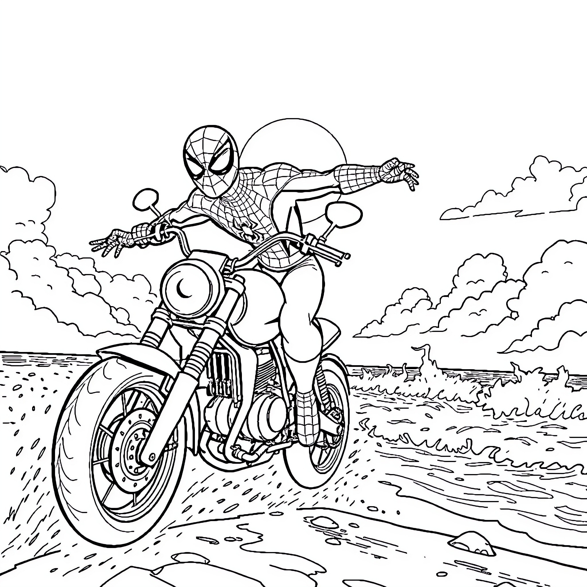 Spiderman riding a motorcycle through the countryside Coloring Page (free black-and-white line drawing printable PDF for all, from beginners to advanced learners, including children, teens, adults, and seniors)