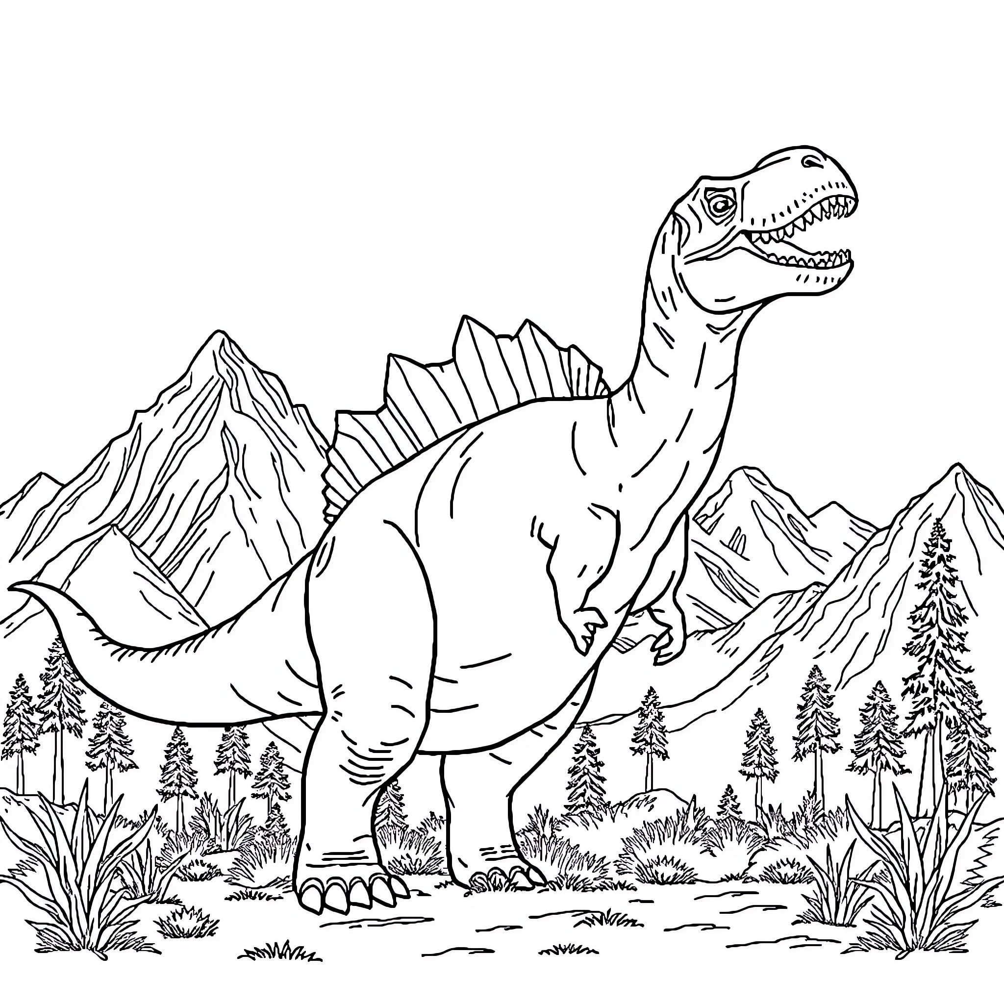 Dinosaur roaming through the prehistoric landscape Coloring Page (free black-and-white line drawing printable PDF for all, from beginners to advanced learners, including children, teens, adults, and seniors)