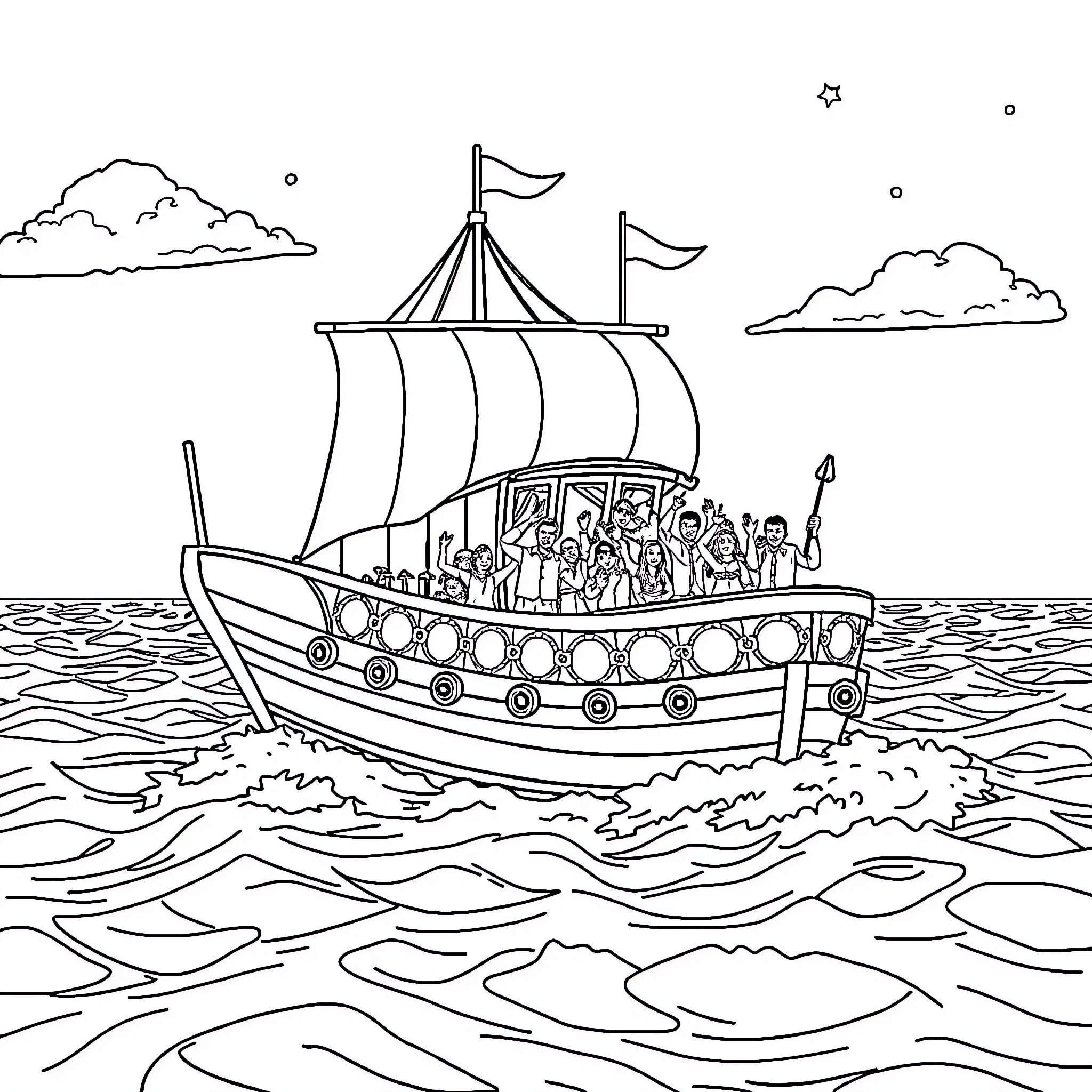 Ship carrying passengers on open seas Coloring Page (free black-and-white line drawing printable PDF for all, from beginners to advanced learners, including children, teens, adults, and seniors)