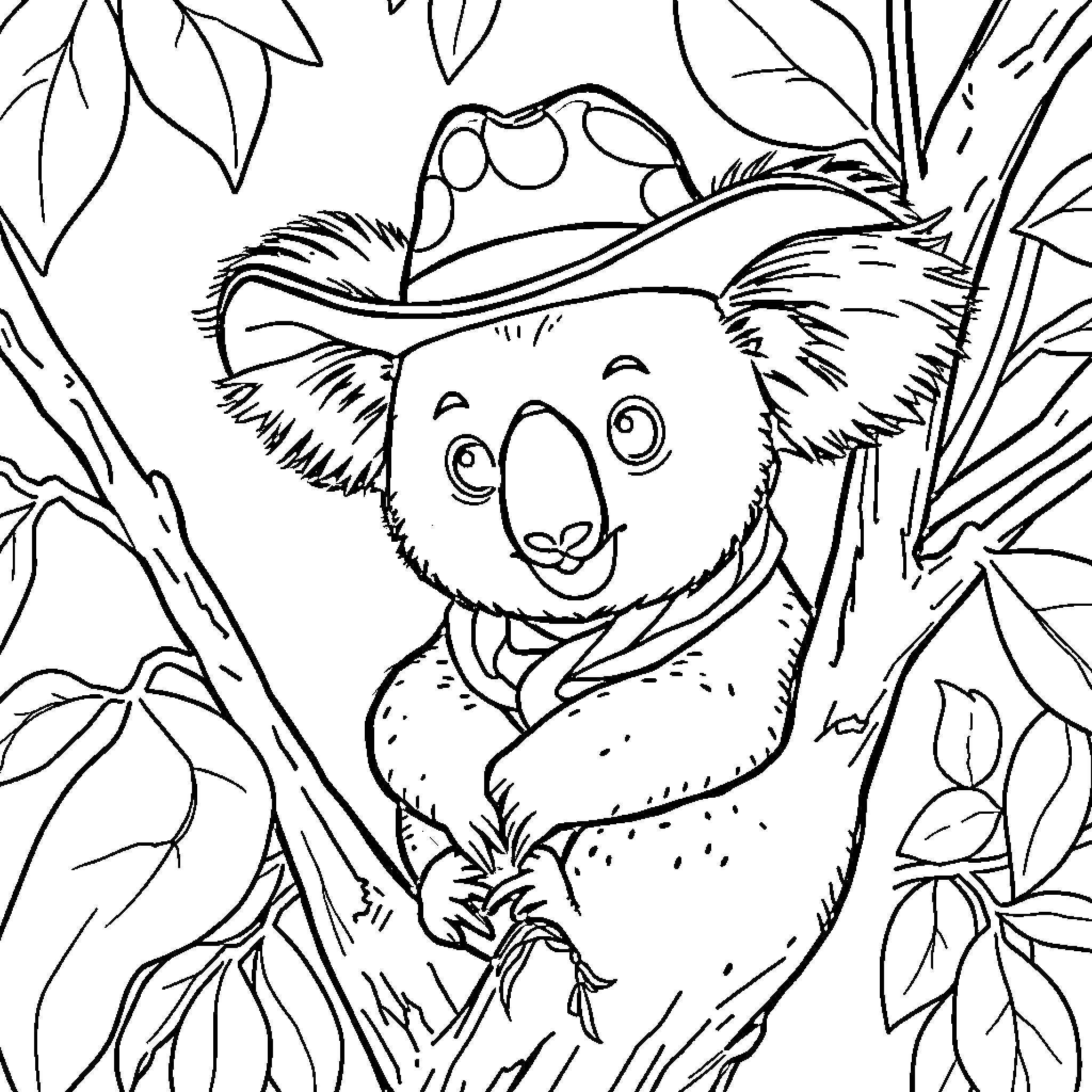Koala wearing a hat in the forest Coloring Page (free black-and-white line drawing printable PDF for all, from beginners to advanced learners, including children, teens, adults, and seniors)